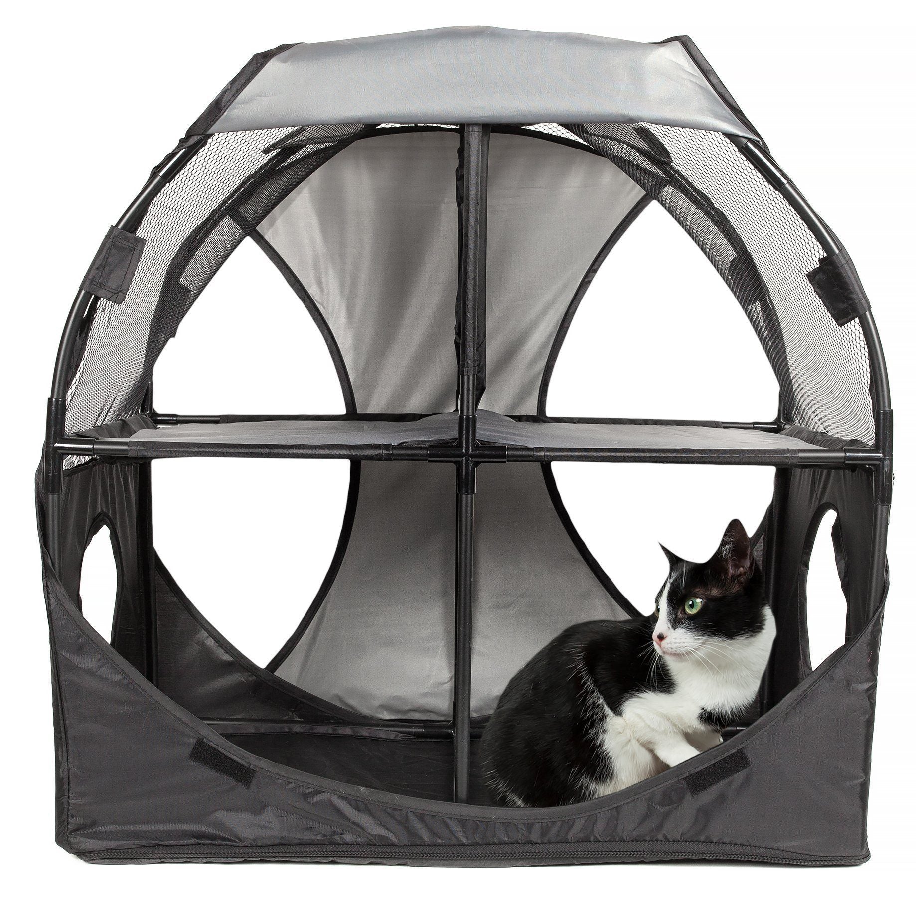 Pet Life ® 'Kitty-Play' Collapsible Travel Interactive Kitty Cat Tree Maze House Lounger Tunnel Lounge Grey, Black 