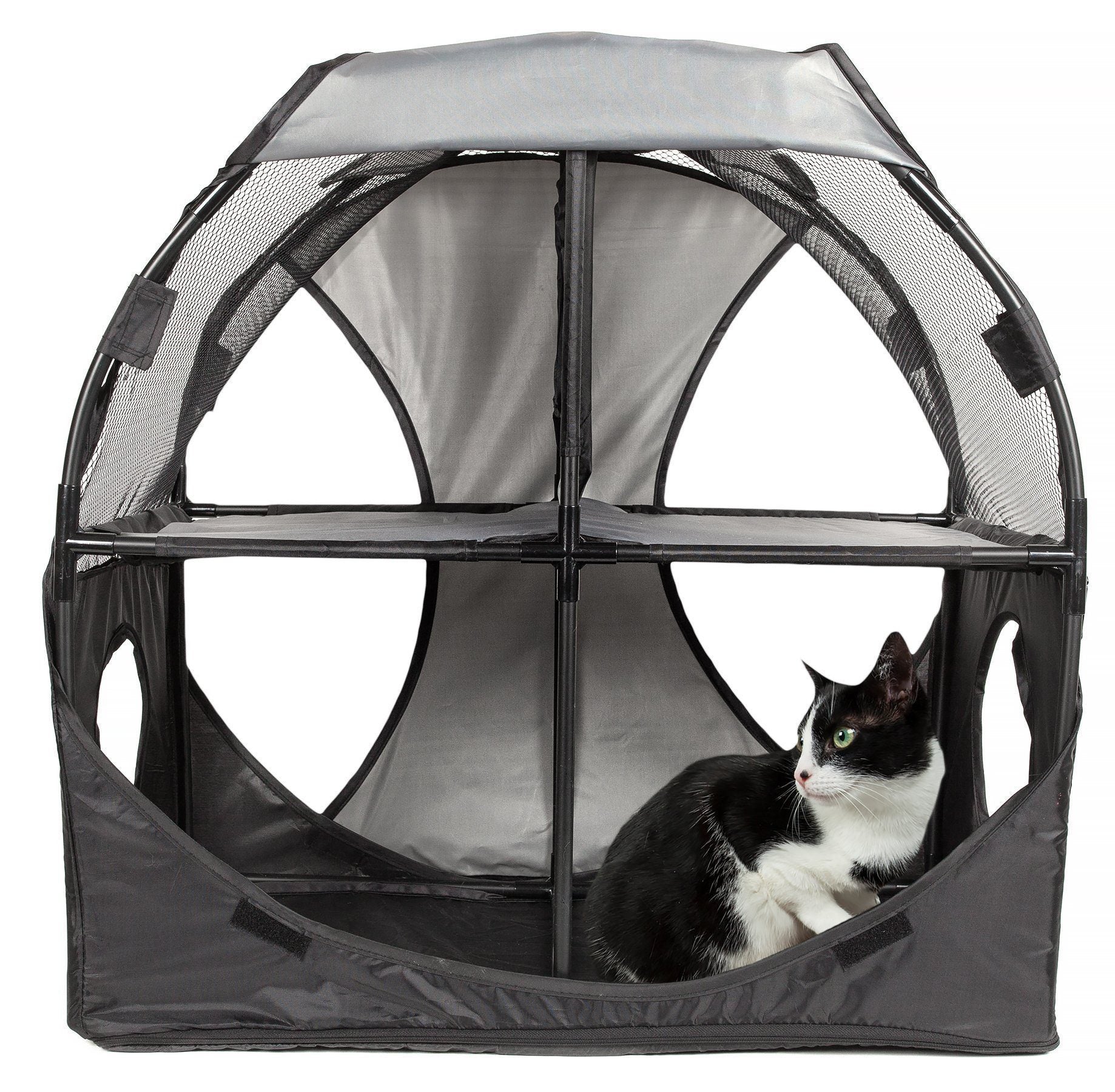 Pet Life ® 'Kitty-Play' Collapsible Travel Interactive Kitty Cat Tree Maze House Lounger Tunnel Lounge Grey, Black