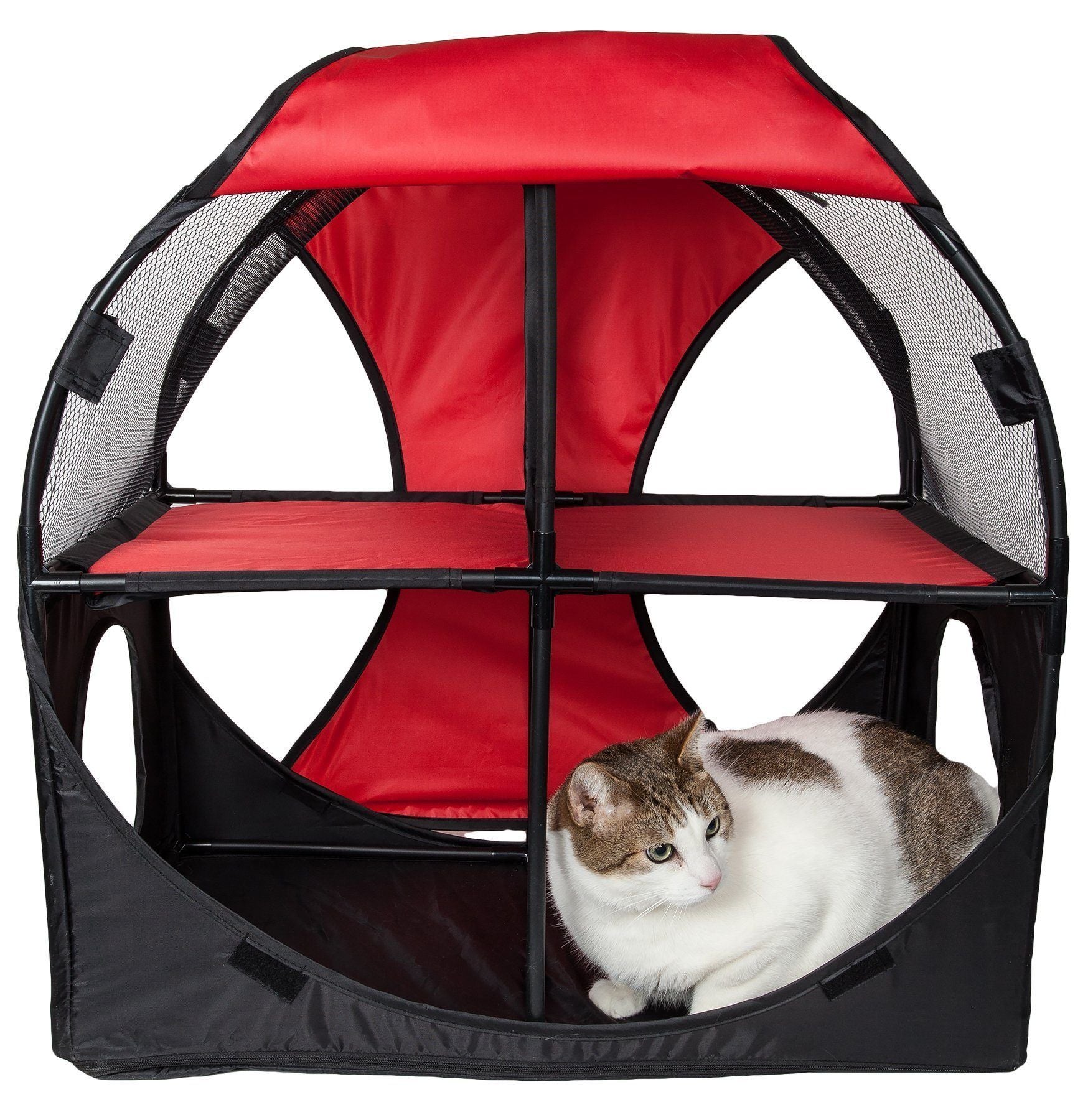 Pet Life ® 'Kitty-Play' Collapsible Travel Interactive Kitty Cat Tree Maze House Lounger Tunnel Lounge Red, Black 