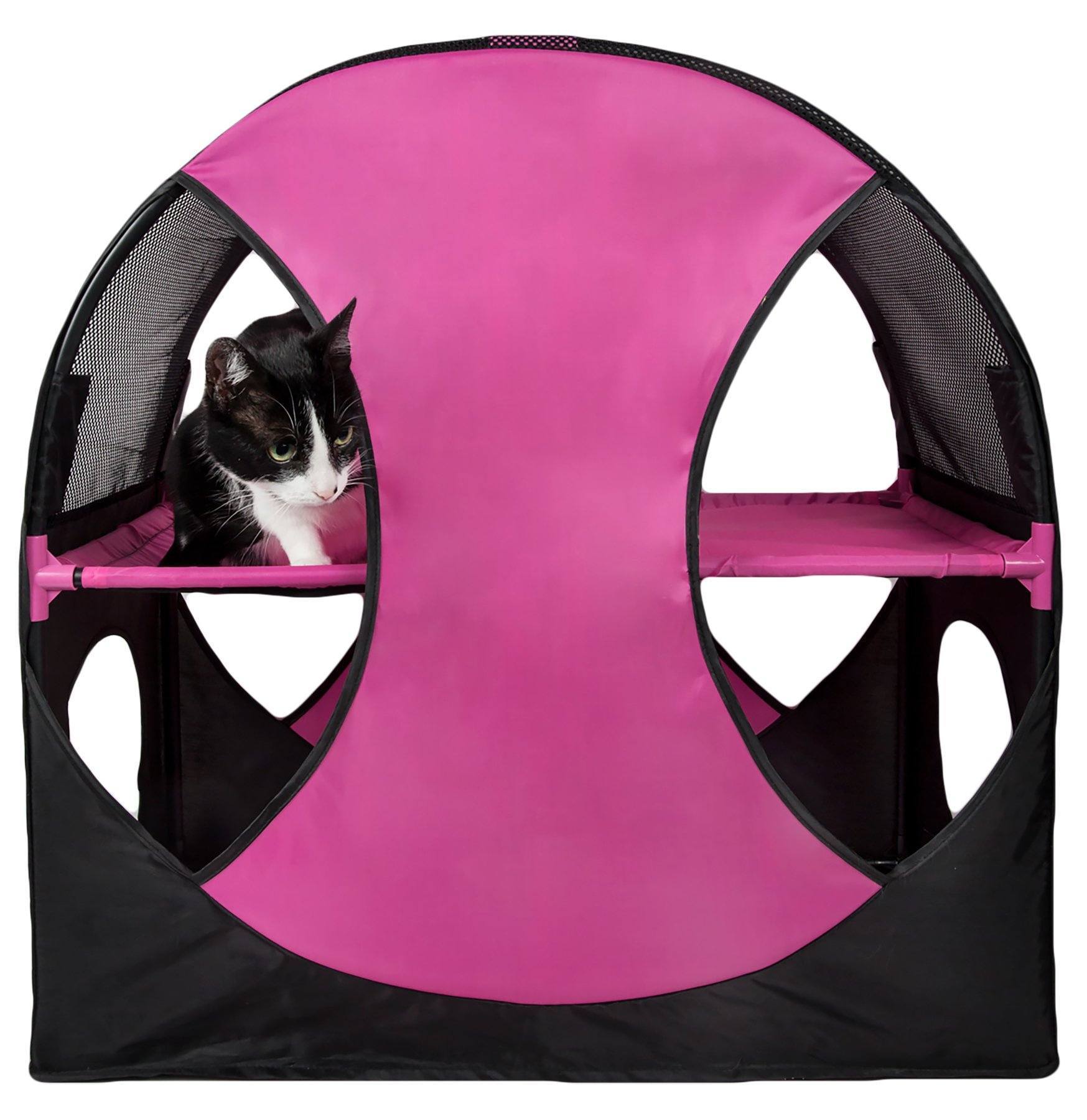 Pet Life ® 'Kitty-Play' Collapsible Travel Interactive Kitty Cat Tree Maze House Lounger Tunnel Lounge Pink, Black 