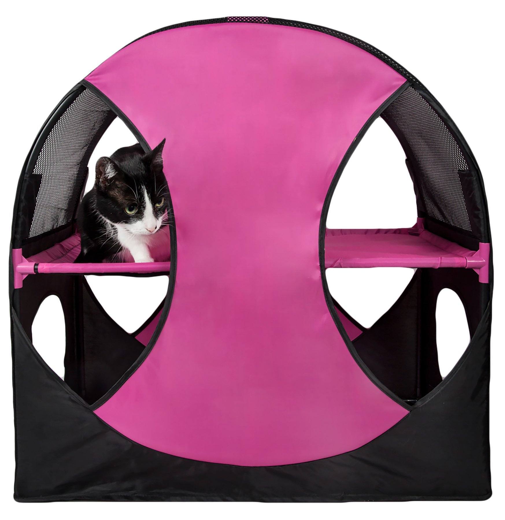 Pet Life ® 'Kitty-Play' Collapsible Travel Interactive Kitty Cat Tree Maze House Lounger Tunnel Lounge Pink, Black