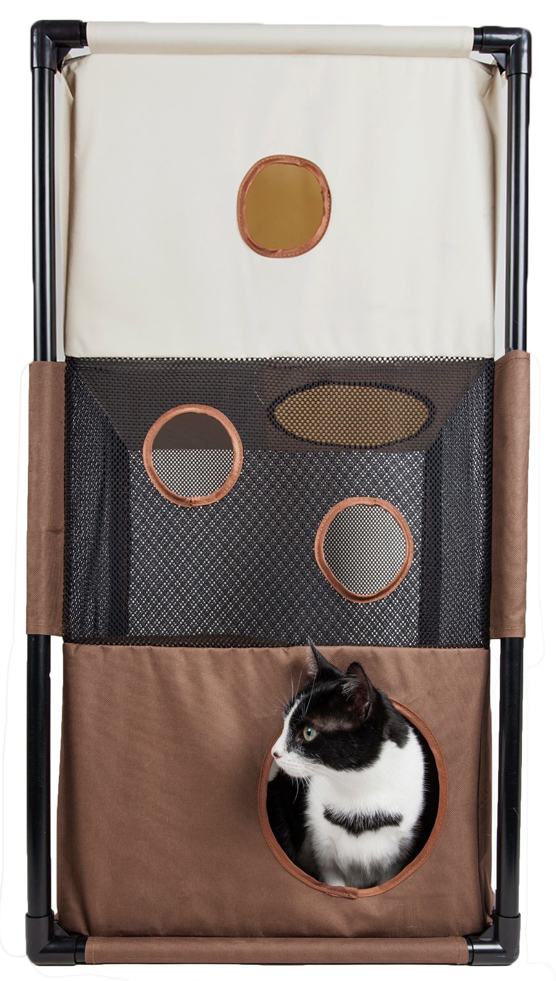 Pet Life ® 'Kitty-Square' Collapsible Travel Interactive Kitty Cat Tree Maze House Lounger Tunnel Lounge Khaki, Brown 