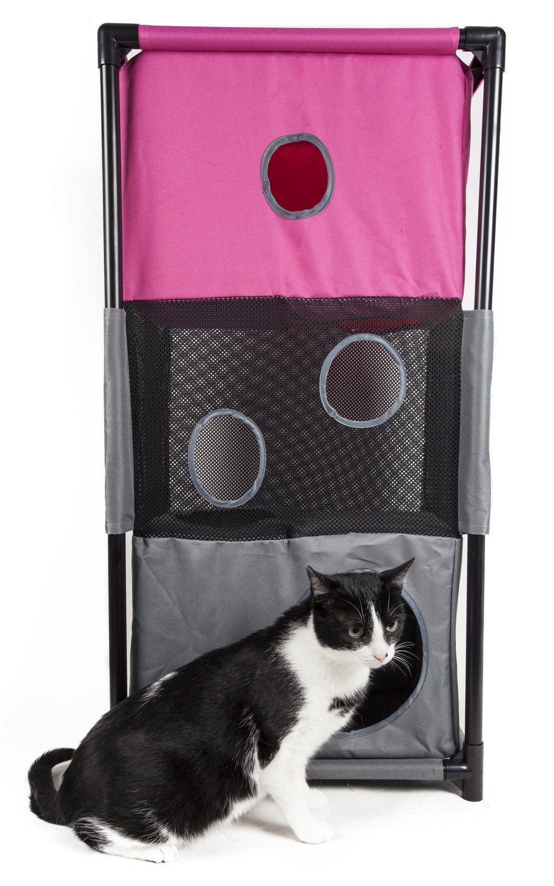 Pet Life ® 'Kitty-Square' Collapsible Travel Interactive Kitty Cat Tree Maze House Lounger Tunnel Lounge Pink, Grey