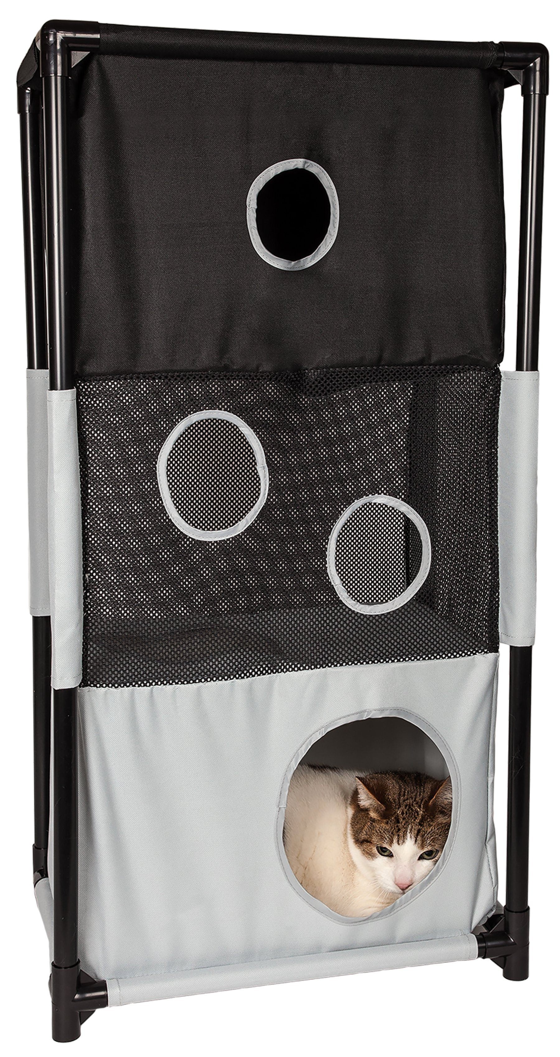 Pet Life ® 'Kitty-Square' Collapsible Travel Interactive Kitty Cat Tree Maze House Lounger Tunnel Lounge Black, White
