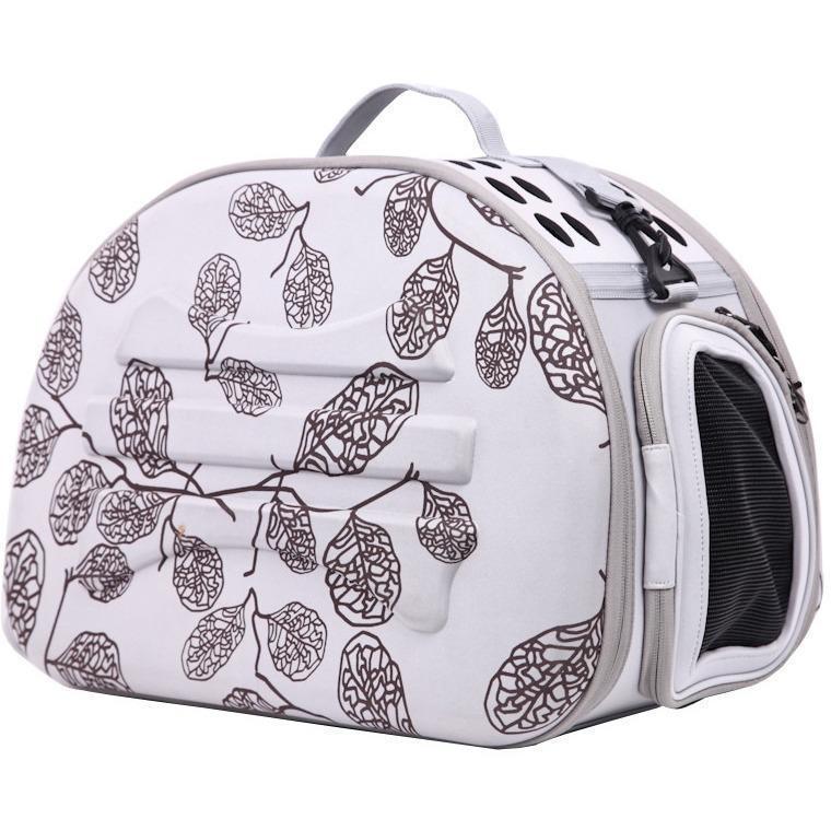Pet Life ® 'Narrow Shelled' Lightweight Collapsible Military Grade Fashion Designer Travel Pet Dog Carrier Crate Light Grey And Burgundy Leaf Pattern