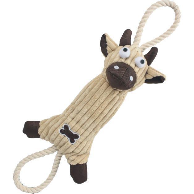 Pet Life ® 'Plush Cow' Natural Jute Rope and Squeak Tugging Plush Dog Toy Brown 