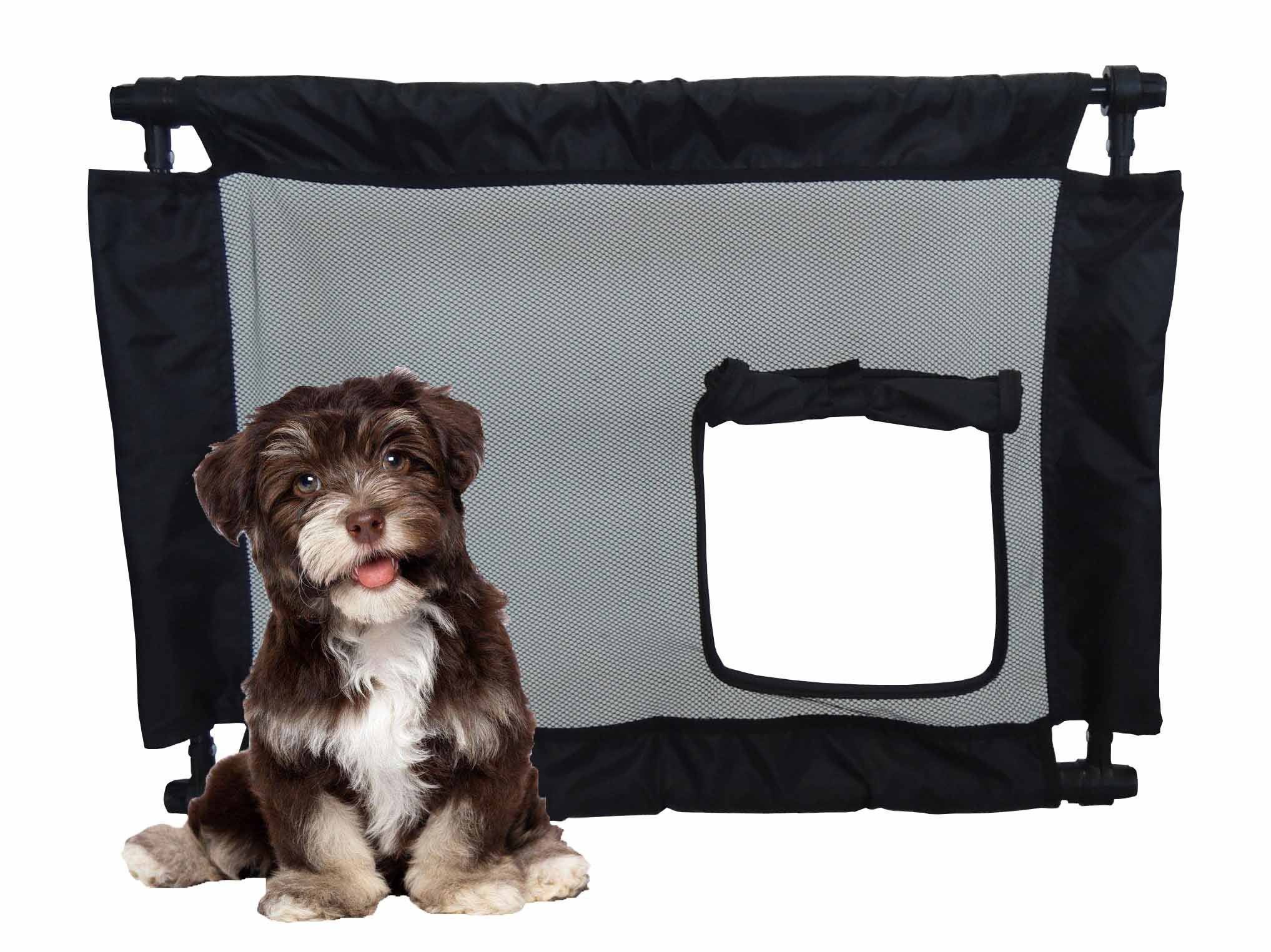 Pet Life ® 'Porta Gate' Anti-Drilling Nylon Mesh Collapsible Folding Travel Safety Pet Cat Dog Gate w/ Zippered Entrance Black 