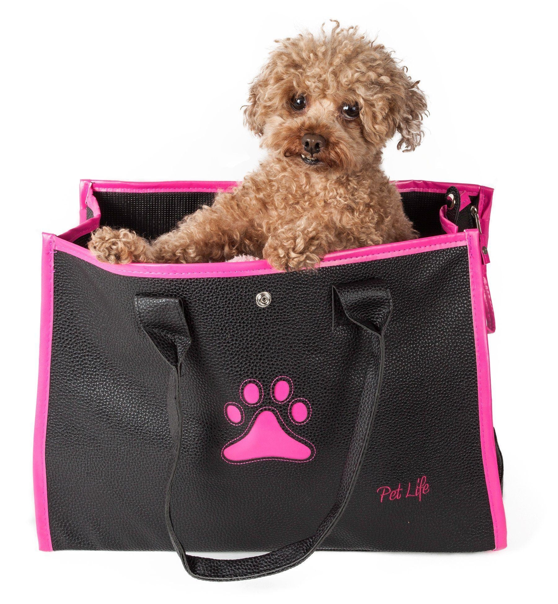 Pet Life ® 'Posh Paw' Elegant Leatherette Designer Fashion Travel Pet Dog Carrier Tote Black & Pink