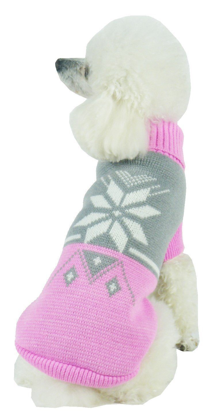 Pet Life ® Snow Flake Cable-Knitted Ribbed Fashion Turtle Neck Dog Sweater X-Small Pink And Grey
