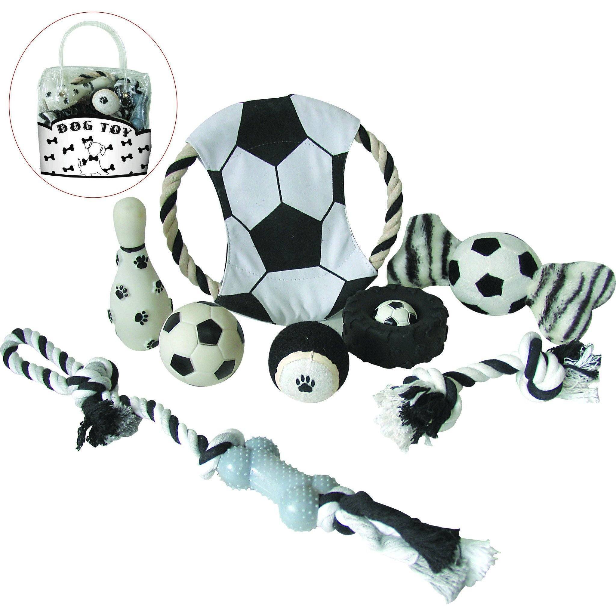 Pet Life ® 'Soccer Themed' 9 Piece Jute Rope and Rubberized Squeak Chew Pet Dog Toy Gift Set Default Title