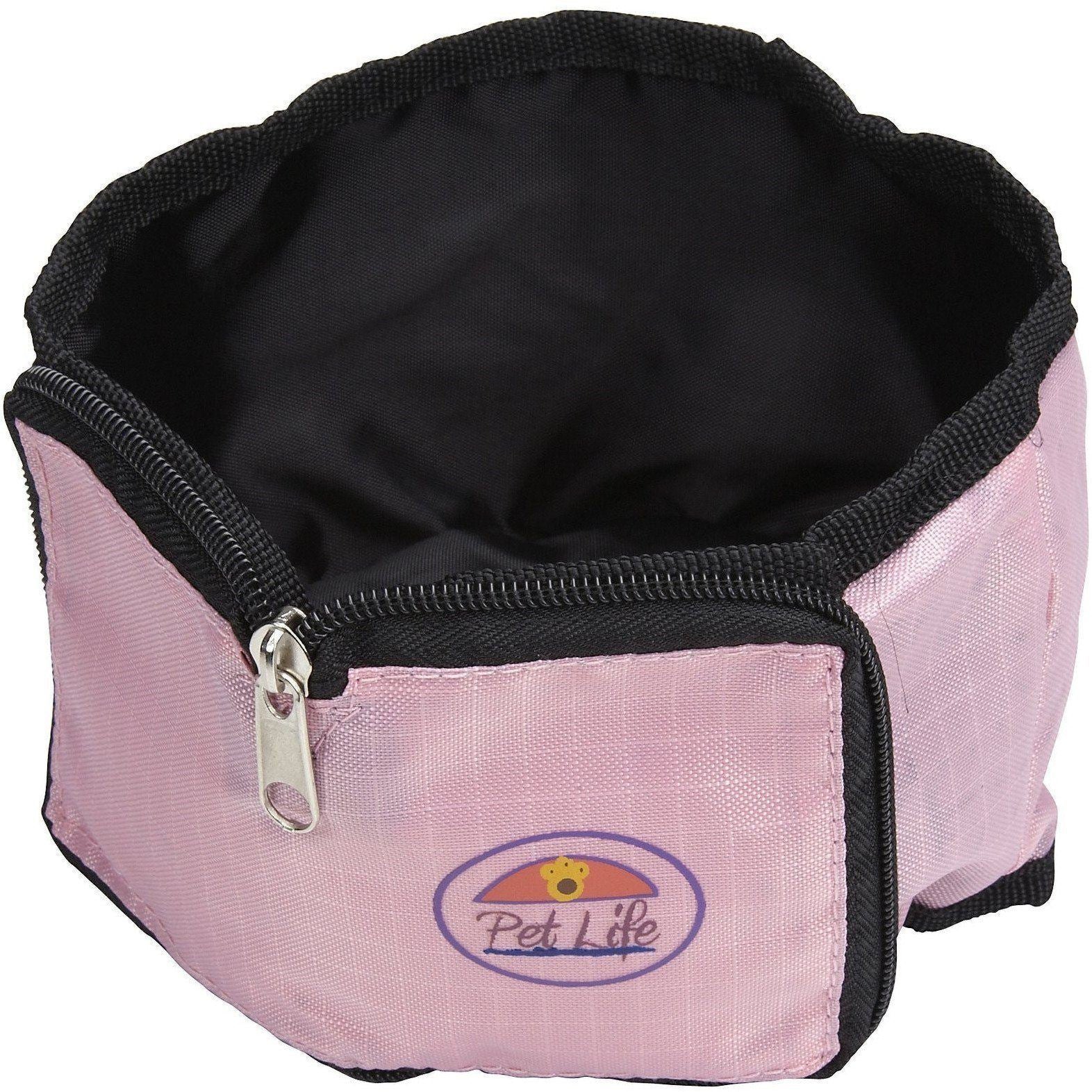 Pet Life ® Wallet Folding Waterproof Zippered Folding Pet Travel Cat and Dog Bowl Pink