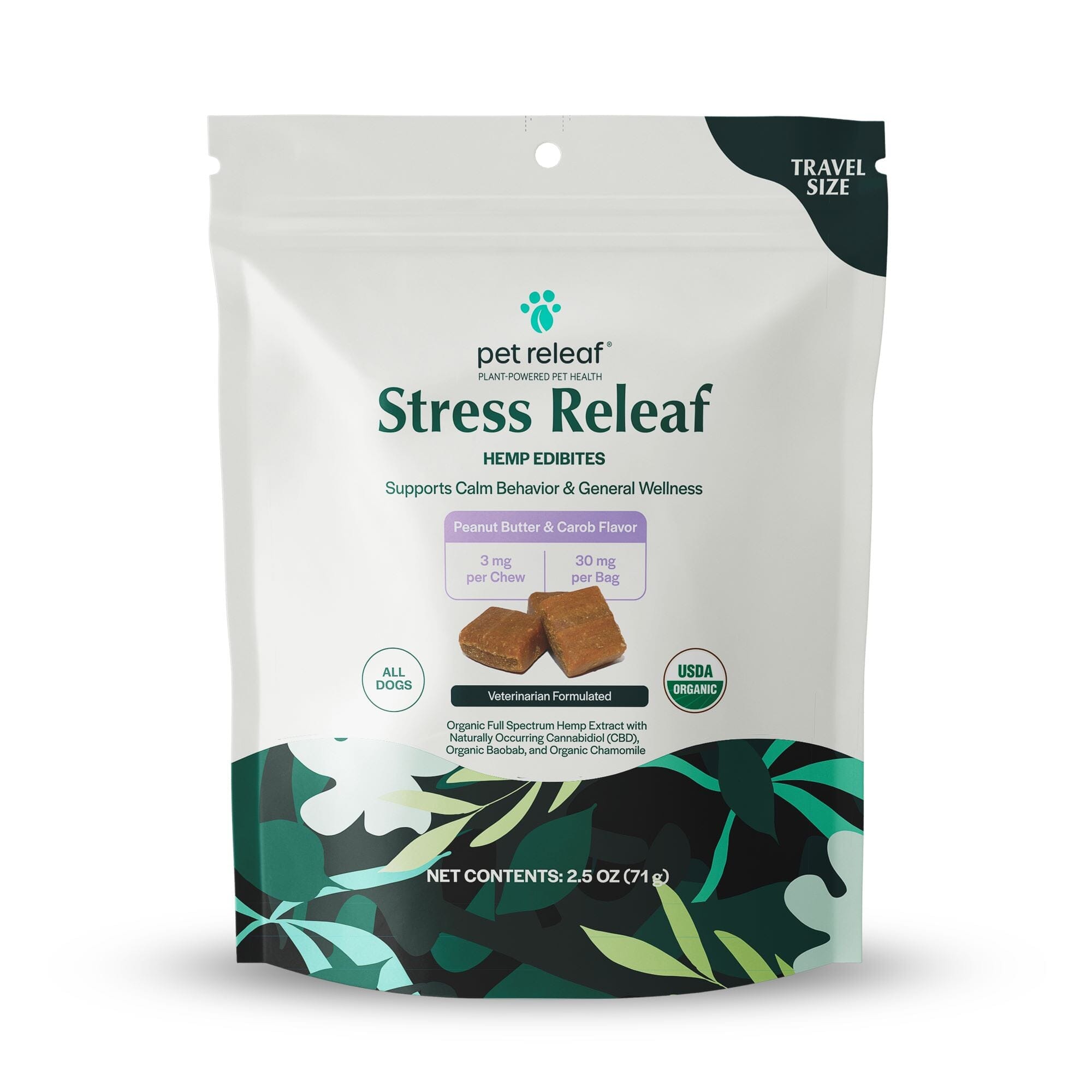 Pet Releaf Edibites Travel Size Peanut Butter Carob Swirl Calming Softchew Dog Treats - 2.5 oz Bag