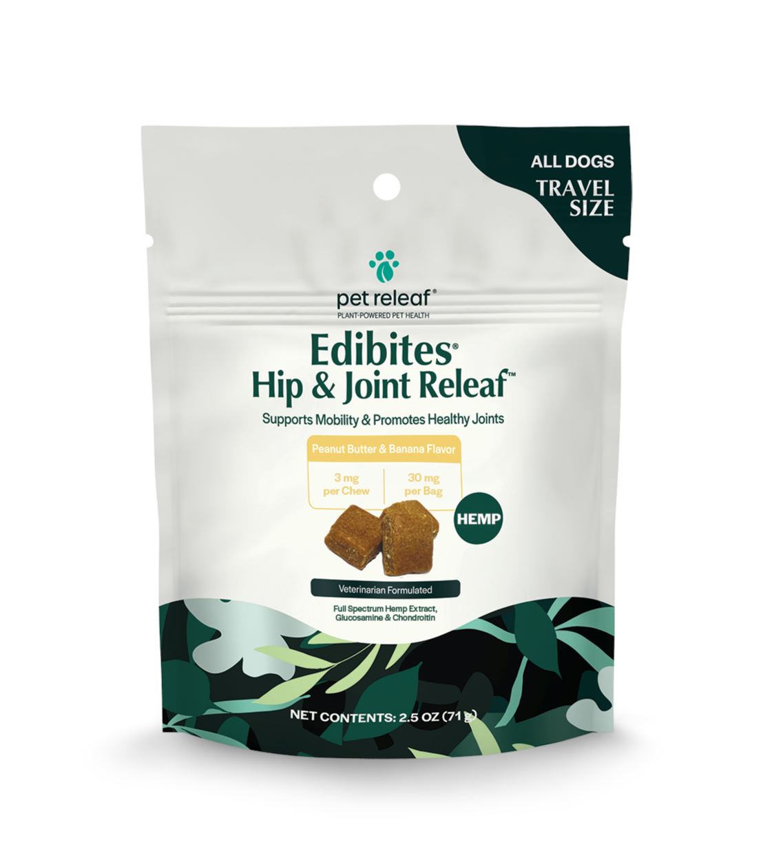 Pet Releaf Edibites Trial Size Peanut Butter/Banana Hip & Joint Hardchew Dog Treats - 2.5 oz Bag  