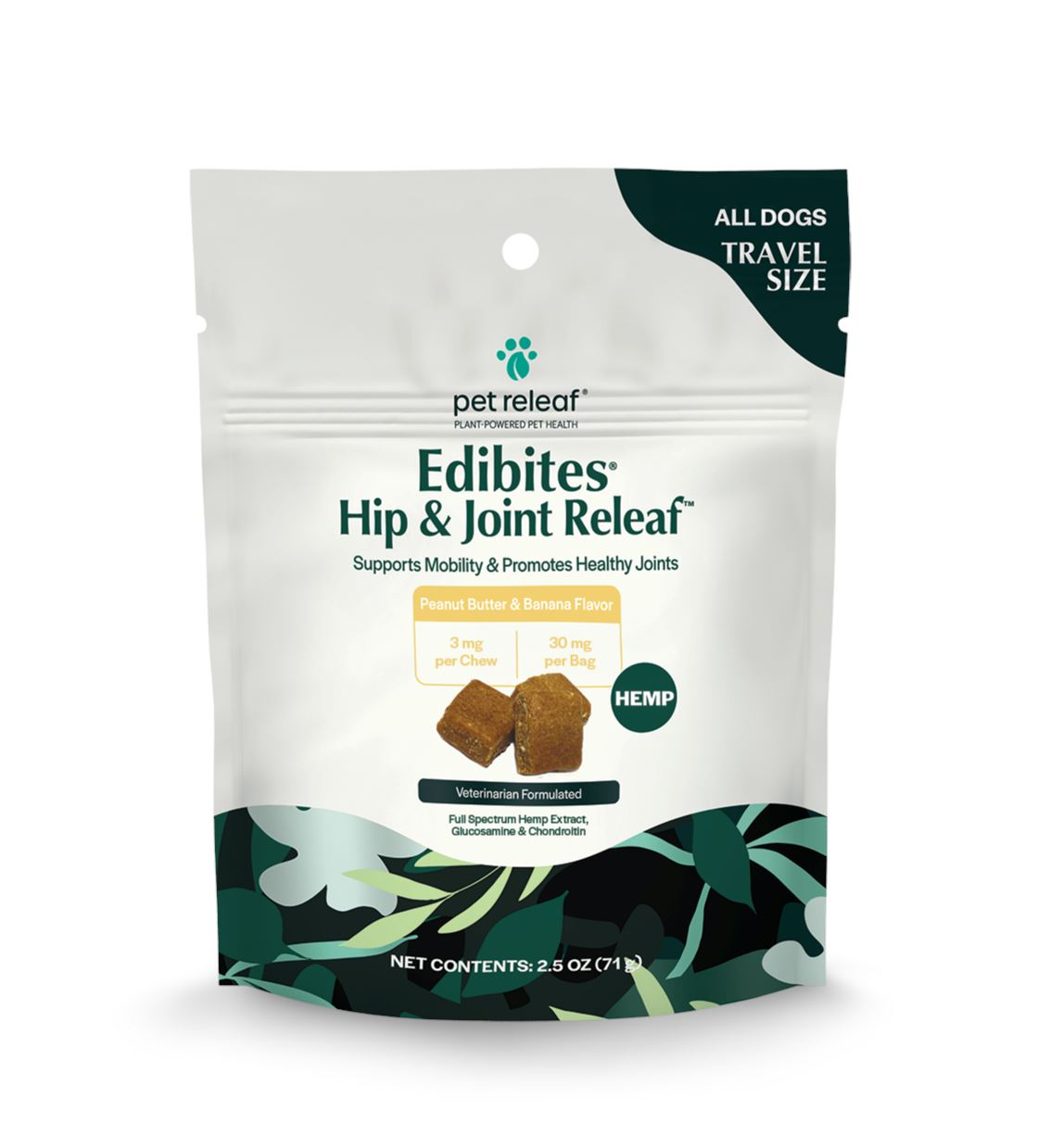 Pet Releaf Edibites Travel Size Peanut Butter/Banana Hip & Joint Hardchew Dog Treats - 2.5 oz Bag