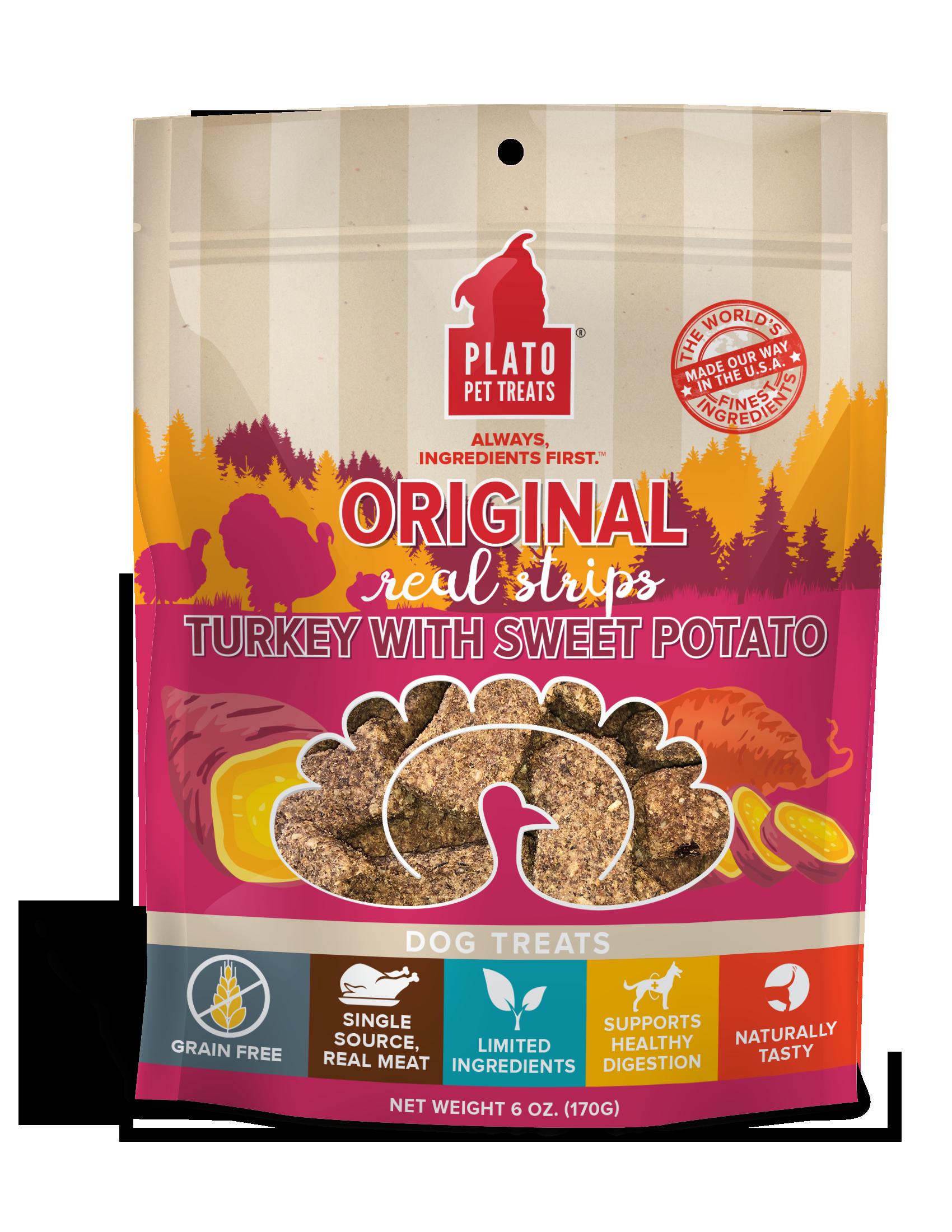 Plato Pet Treats Grain-Free Original Real Strips Turkey & Sweet Potato Soft and Chewy Dog Treats - 6 oz Bag