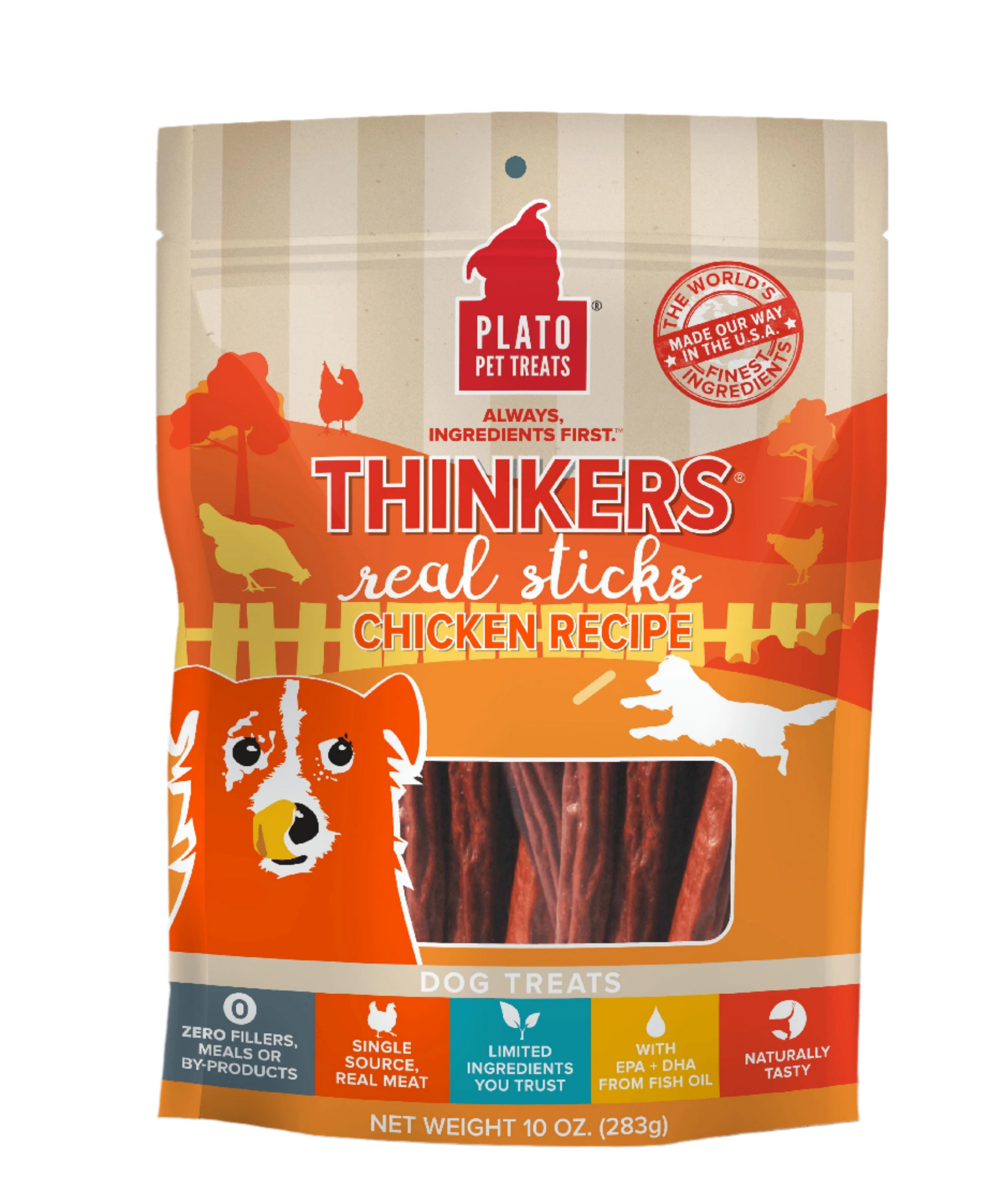 Plato Pet Treats Thinkers Chicken Sticks Natural Dog Chews - 10 oz Bag