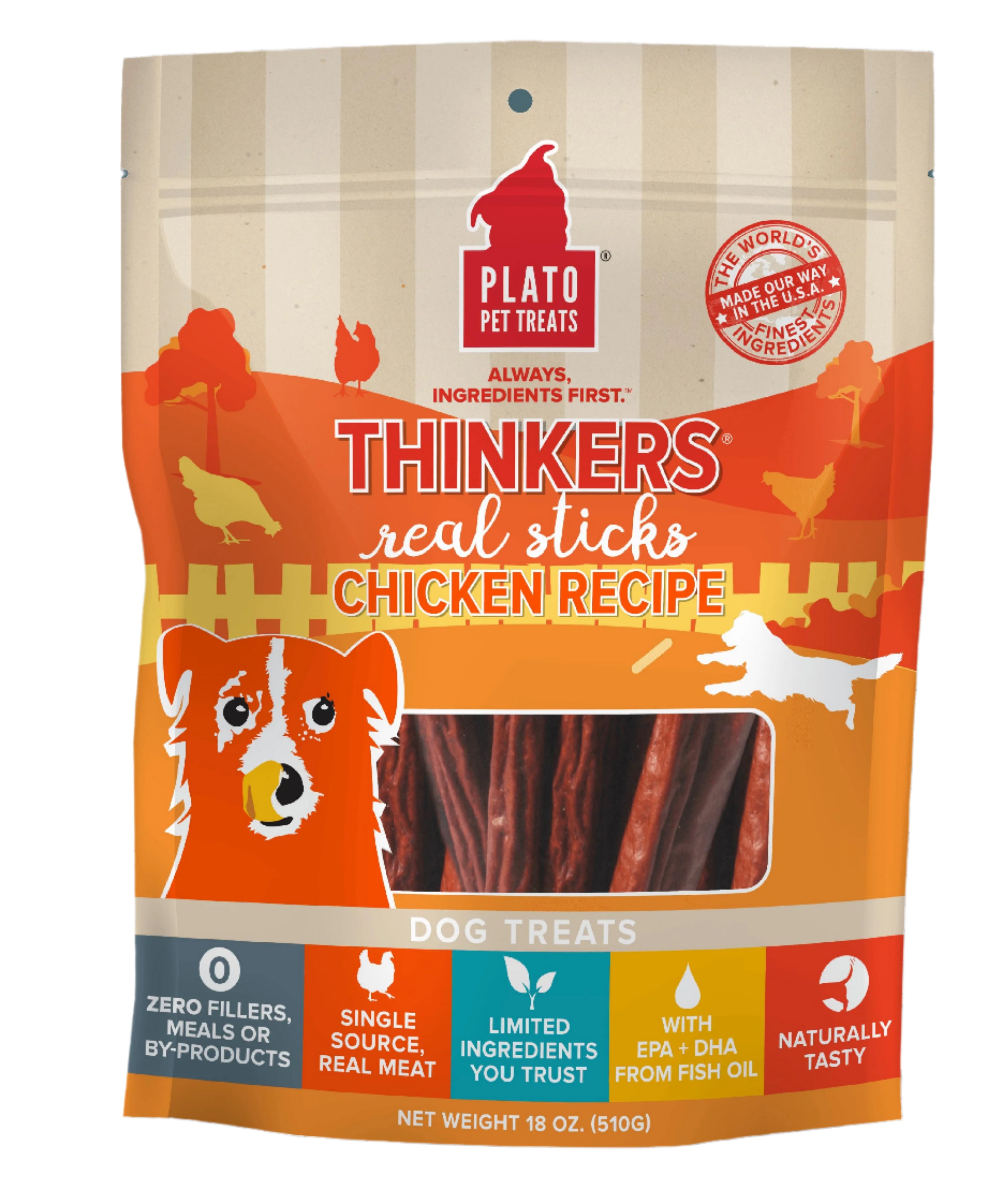 Plato Pet Treats Thinkers Chicken Sticks Natural Dog Chews - 18 oz Bag