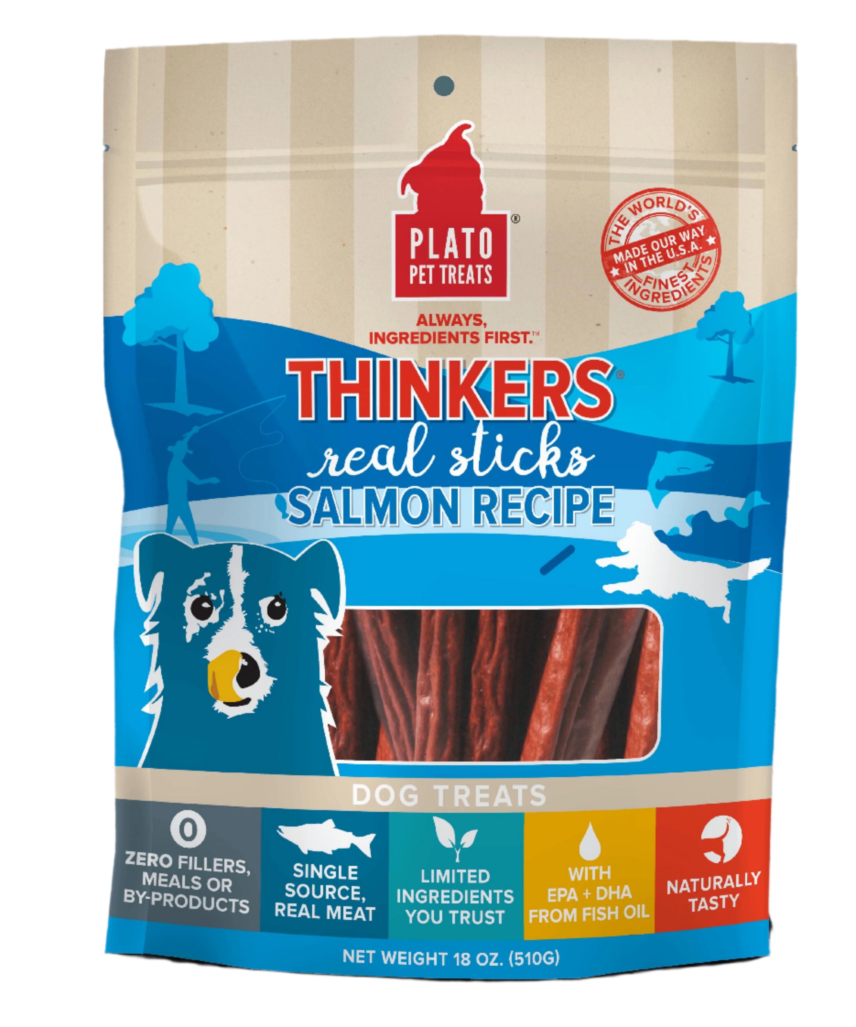Plato Pet Treats Thinkers Salmon Sticks Natural Dog Chews - 18 oz Bag