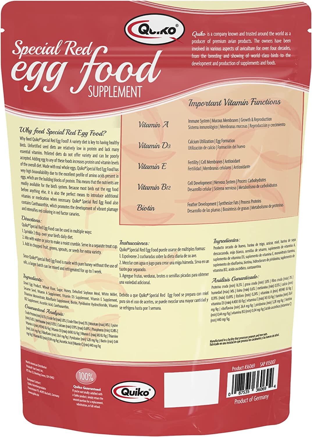 Quiko Quiko Special Red Egg Food Bird Supplements - 1.1 Lb