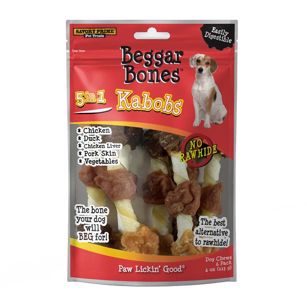 Savory Prime Beggar Bone 5 in 1 Kabobs Dog Treats - 4 Oz - 6 Pack