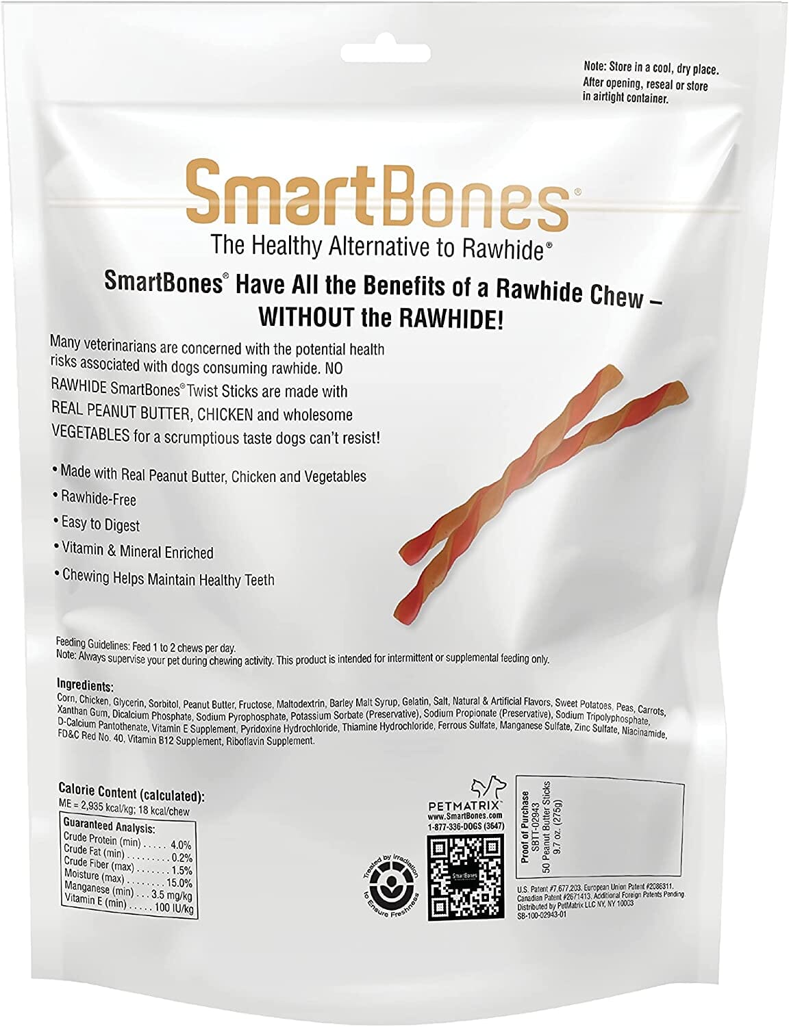 Smartbones Smart Twist Sticks Dog Dental and Hard Chews - Peanut Butter - 50 Pack