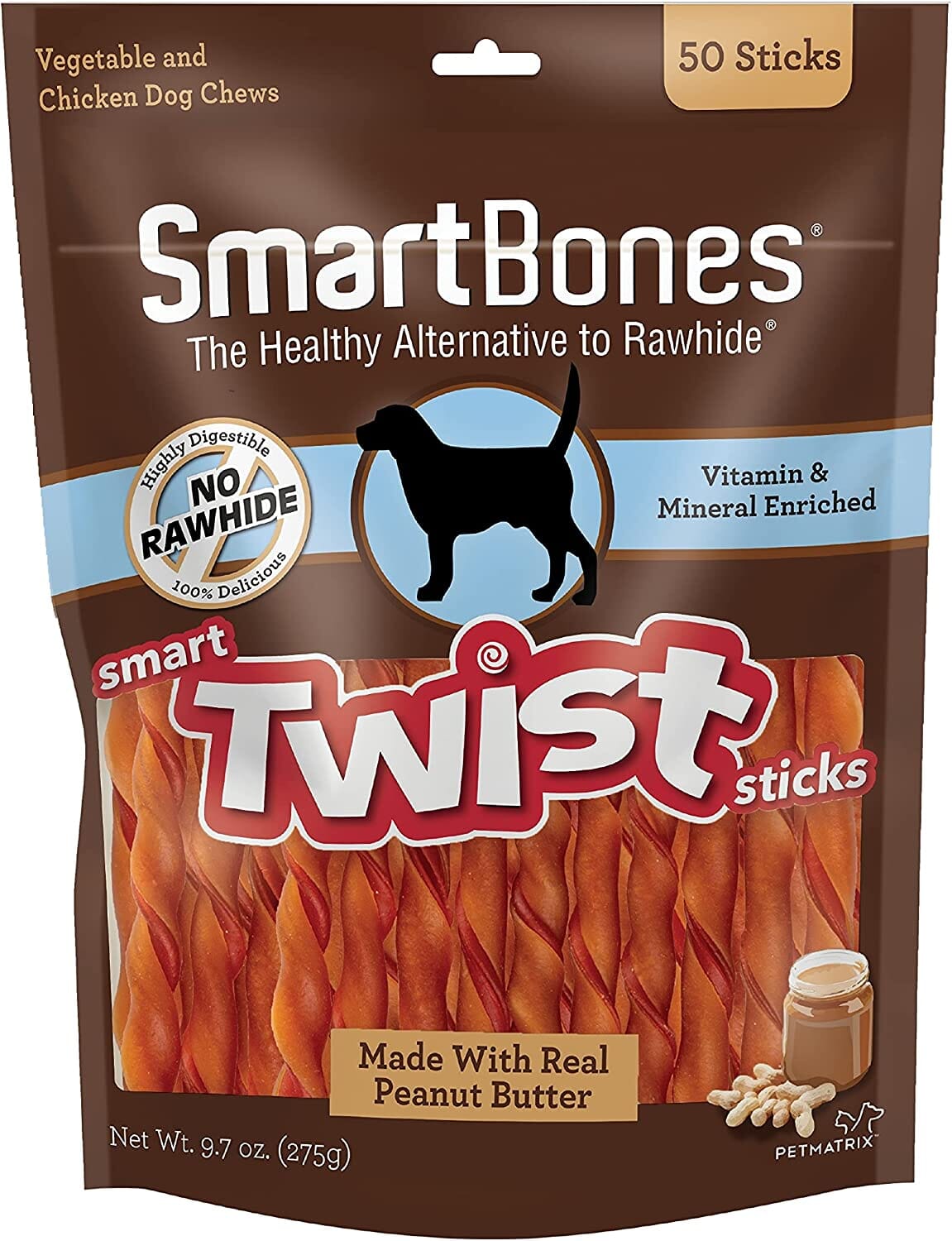 Smartbones Smart Twist Sticks Dog Dental and Hard Chews - Peanut Butter - 50 Pack