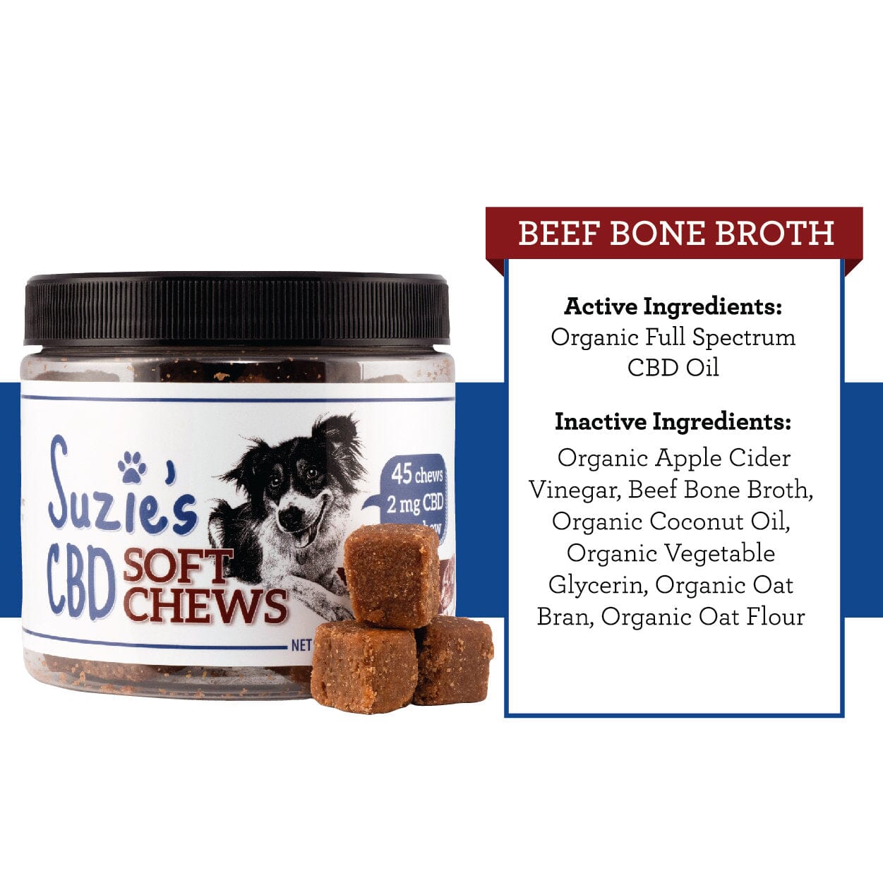 Suzie's CBD Treats Soft Chew Beef Bone Broth 45ct Chew Supplemental Cat and Dog Treats - 16 oz Jar