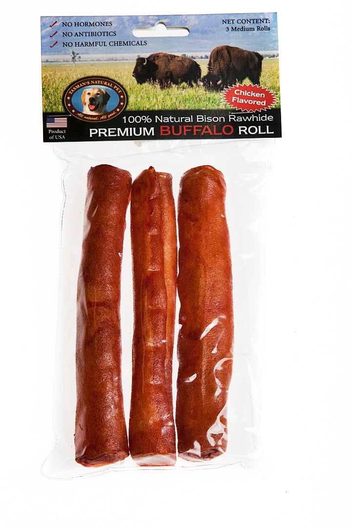 Tasman's Natural Pet Bison Rawhide Bisonhide Chicken Medium Roll Dog Natural Chews - 3 Pack