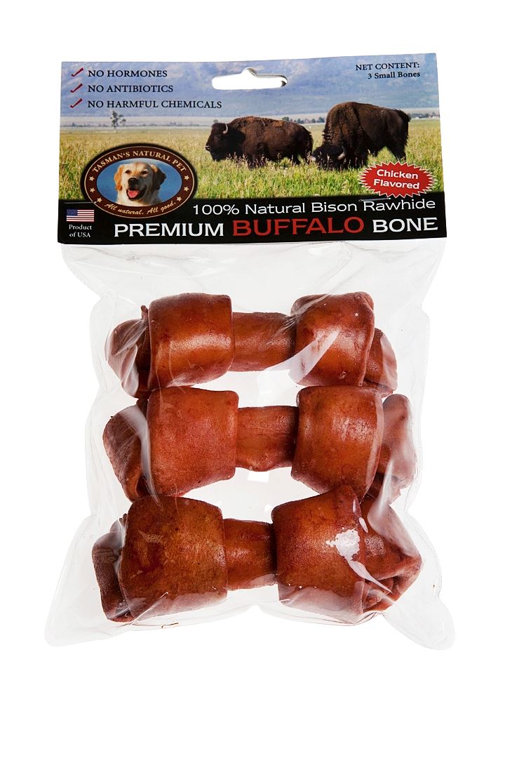 Tasman's Natural Pet Bison Rawhide Bisonhide Chicken Small Bone Dog Natural Chews - 3 Pack