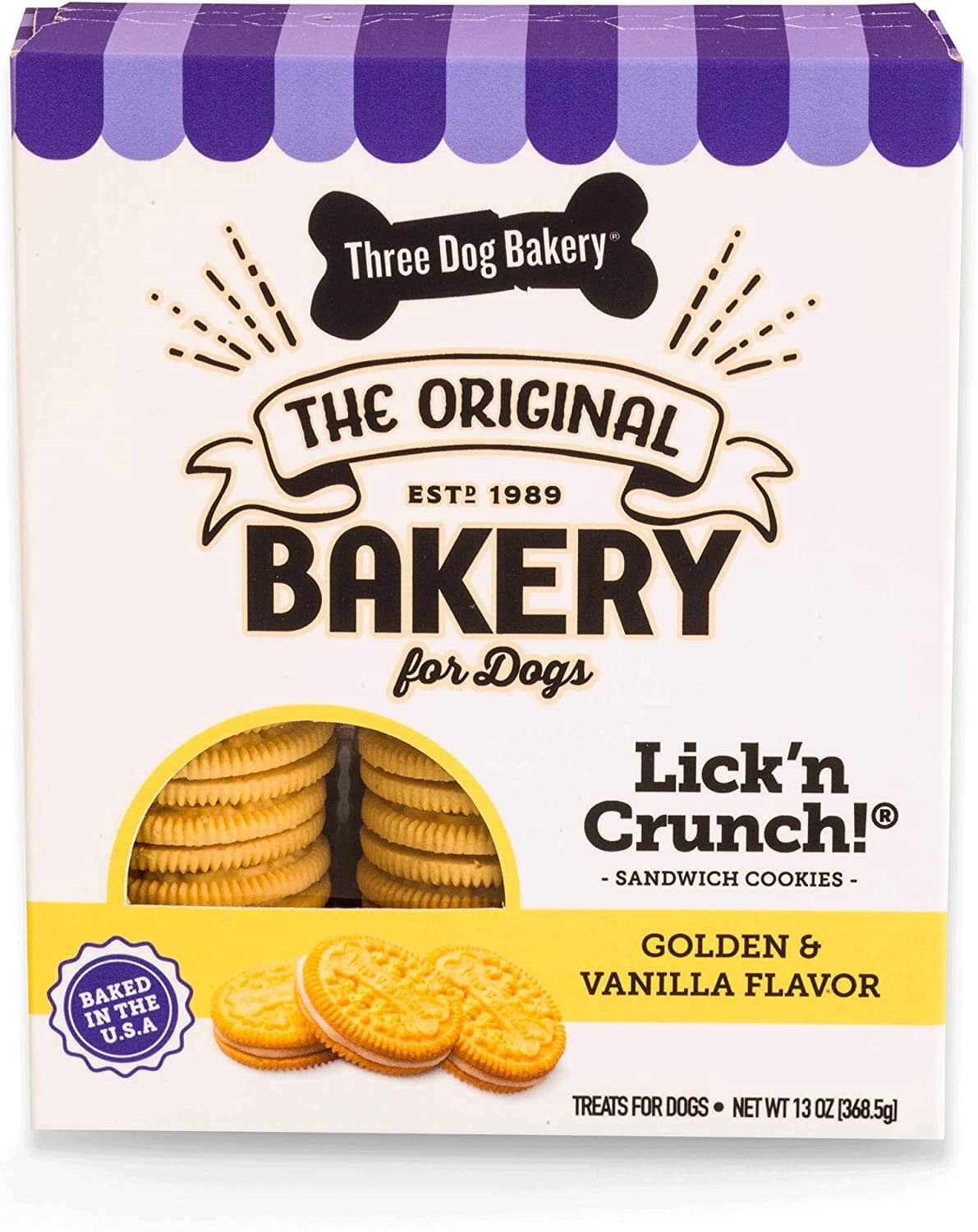 Three Dog Bakery Lick'N Crunch Sandwich Cookies Dog Biscuits Treats - Vanilla - 13 Oz - 6 Pack