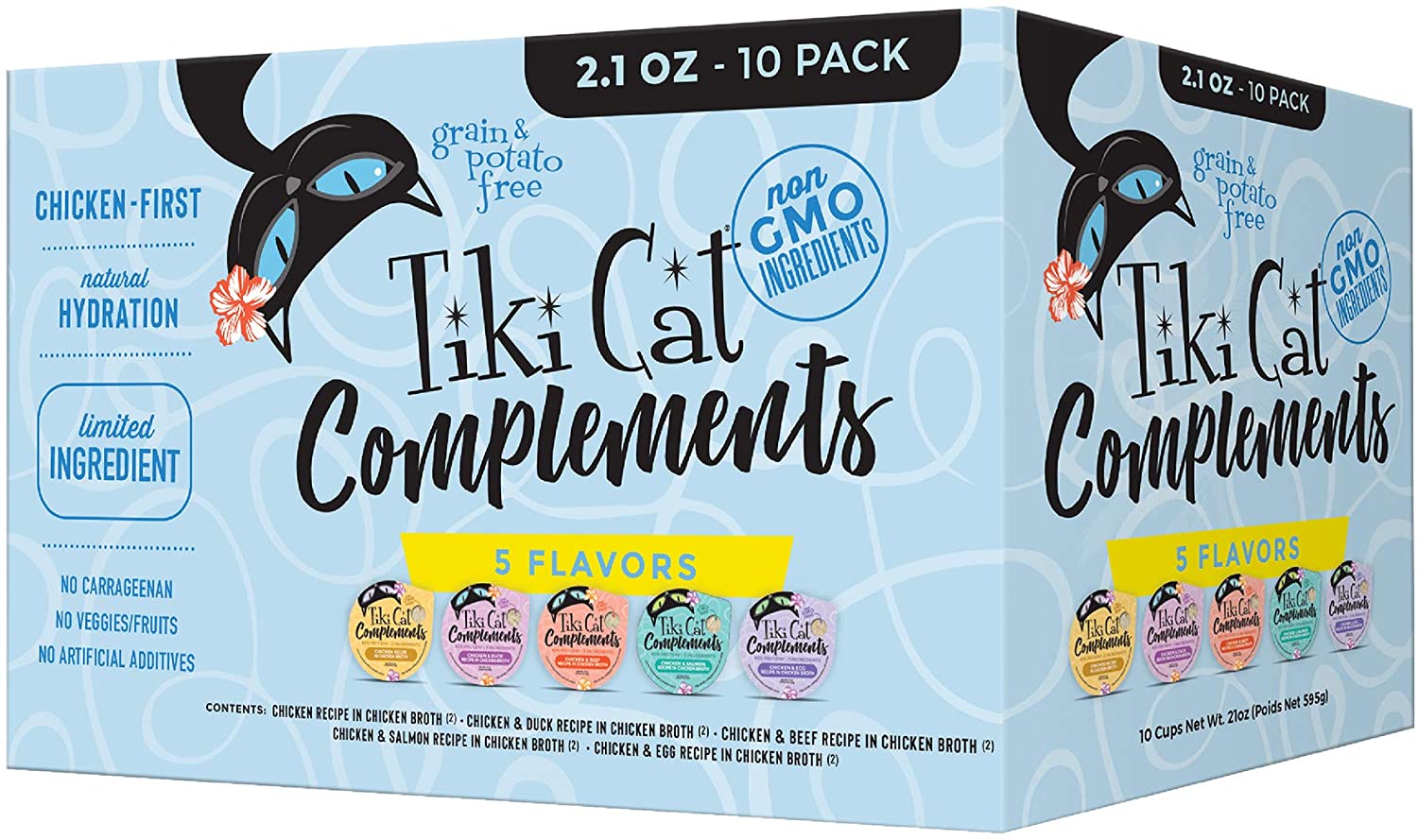 Tiki Cat Complements Variety Pack Cat Food Toppers and Crunchers - 2.1 oz Cups - Case of 10