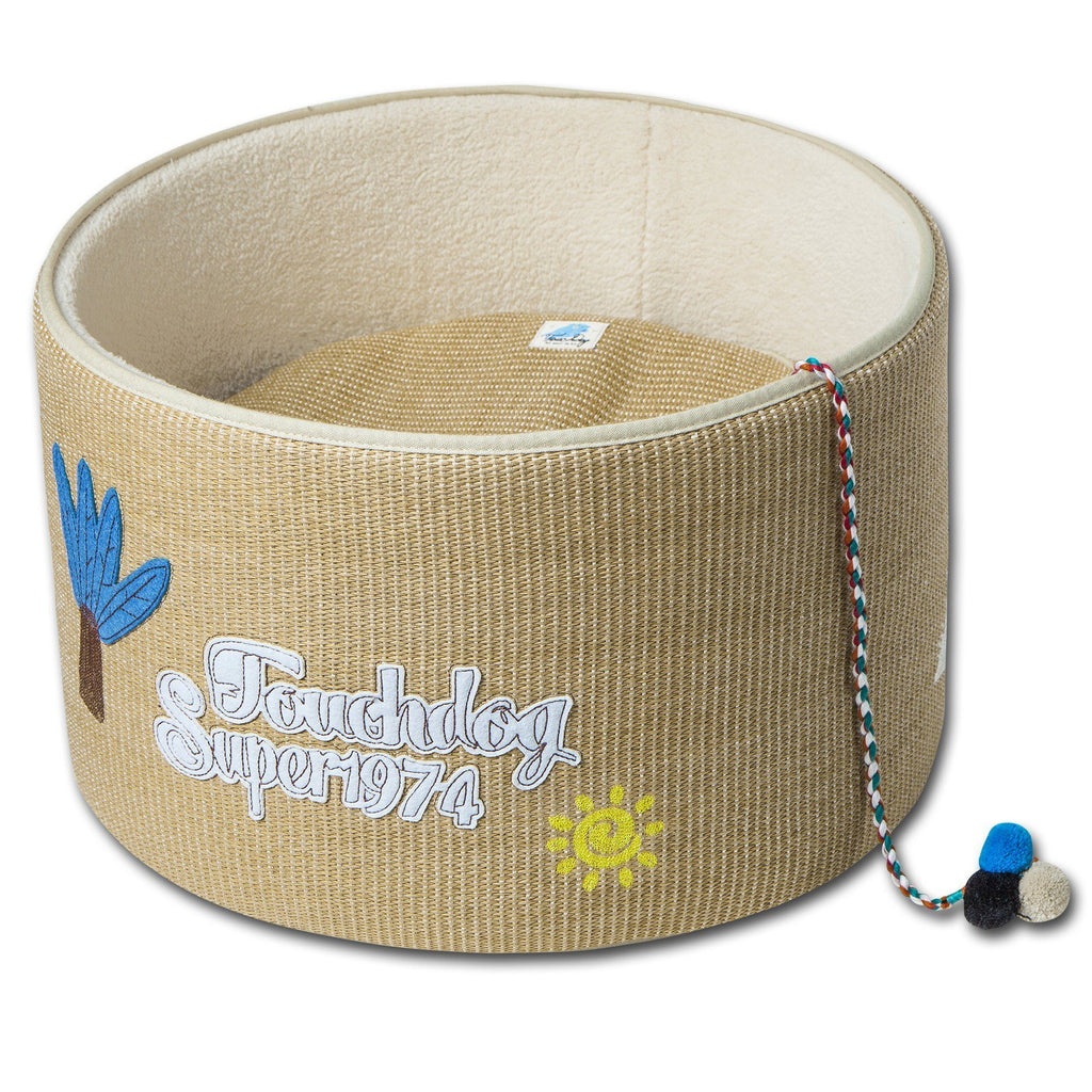Touchcat 'Claw-ver Nest' Rounded Scratching Cat Bed w/ Teaser Toy Khaki 