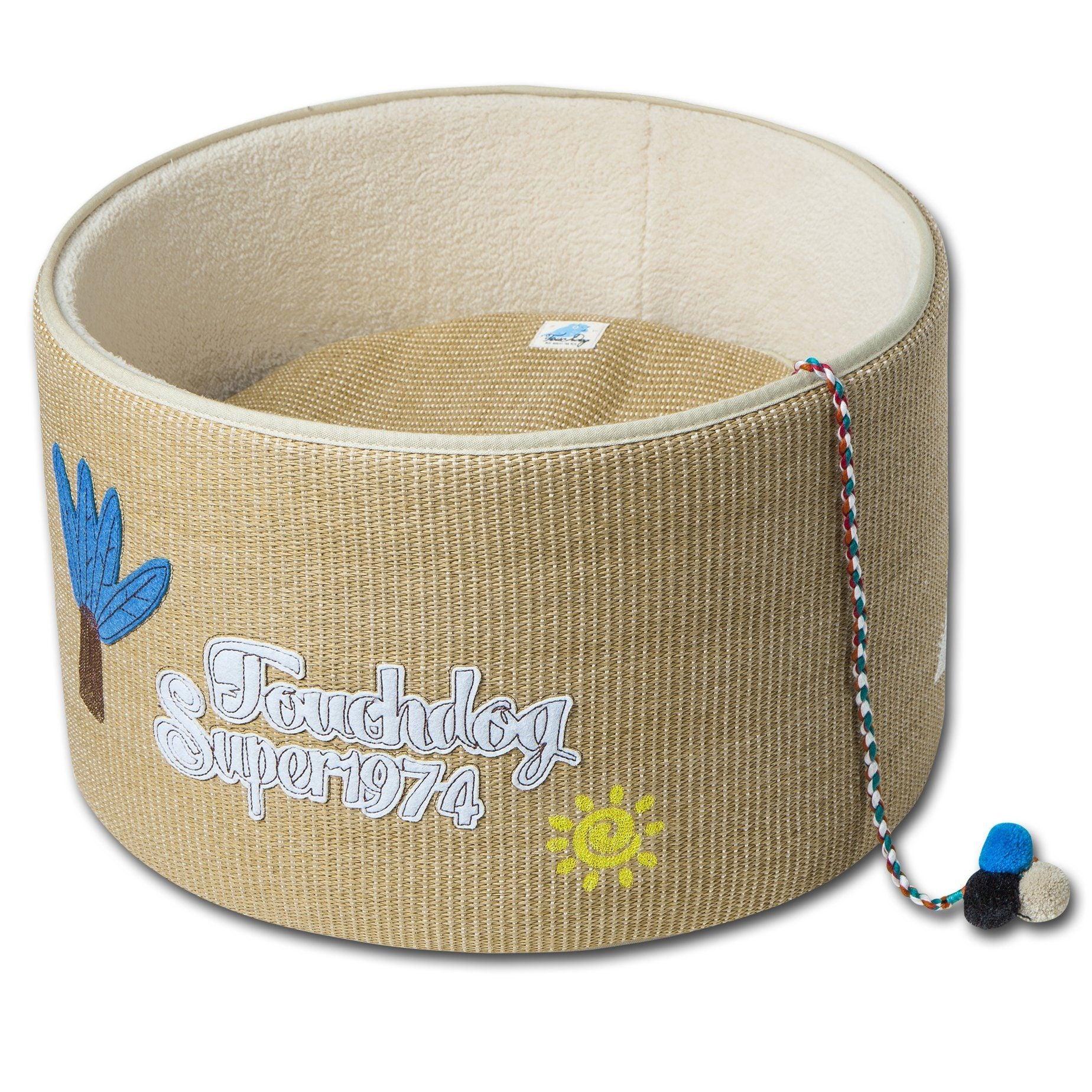 Touchcat 'Claw-ver Nest' Rounded Scratching Cat Bed w/ Teaser Toy Khaki