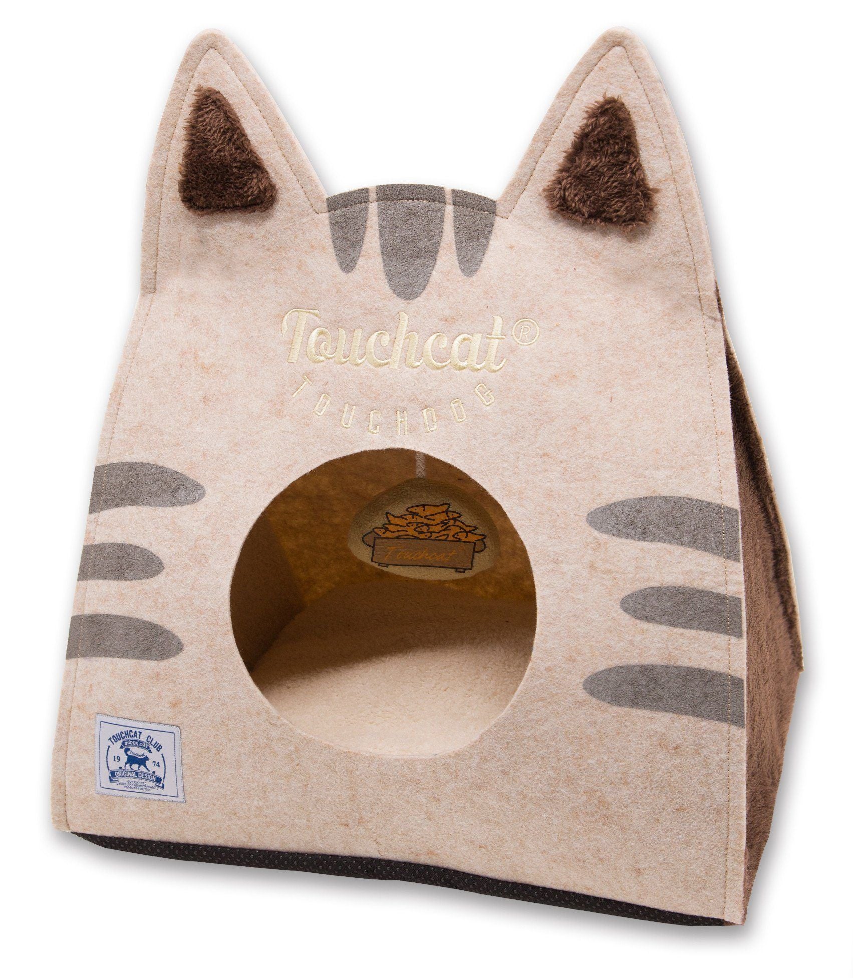 Touchcat ® 'Kitty Ears' Travel On-The-Go Folding Designer Fashion Pet Cat Bed House w/ Hanging Teaser Toy Brown 