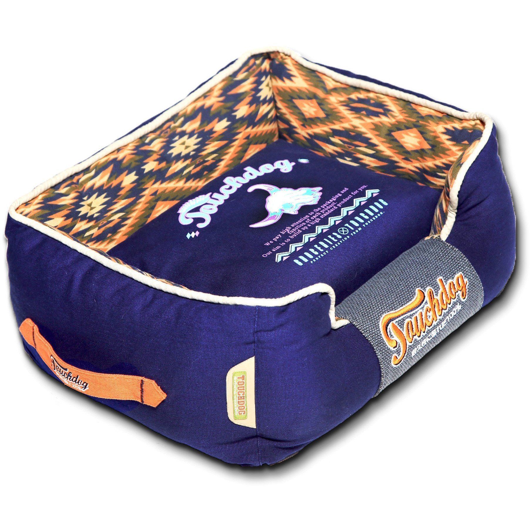 Touchdog ® '70's Vintage-Tribal' Rectangular-Boxed Designer Dog Bed Medium Midnight Blue, Sandalwood