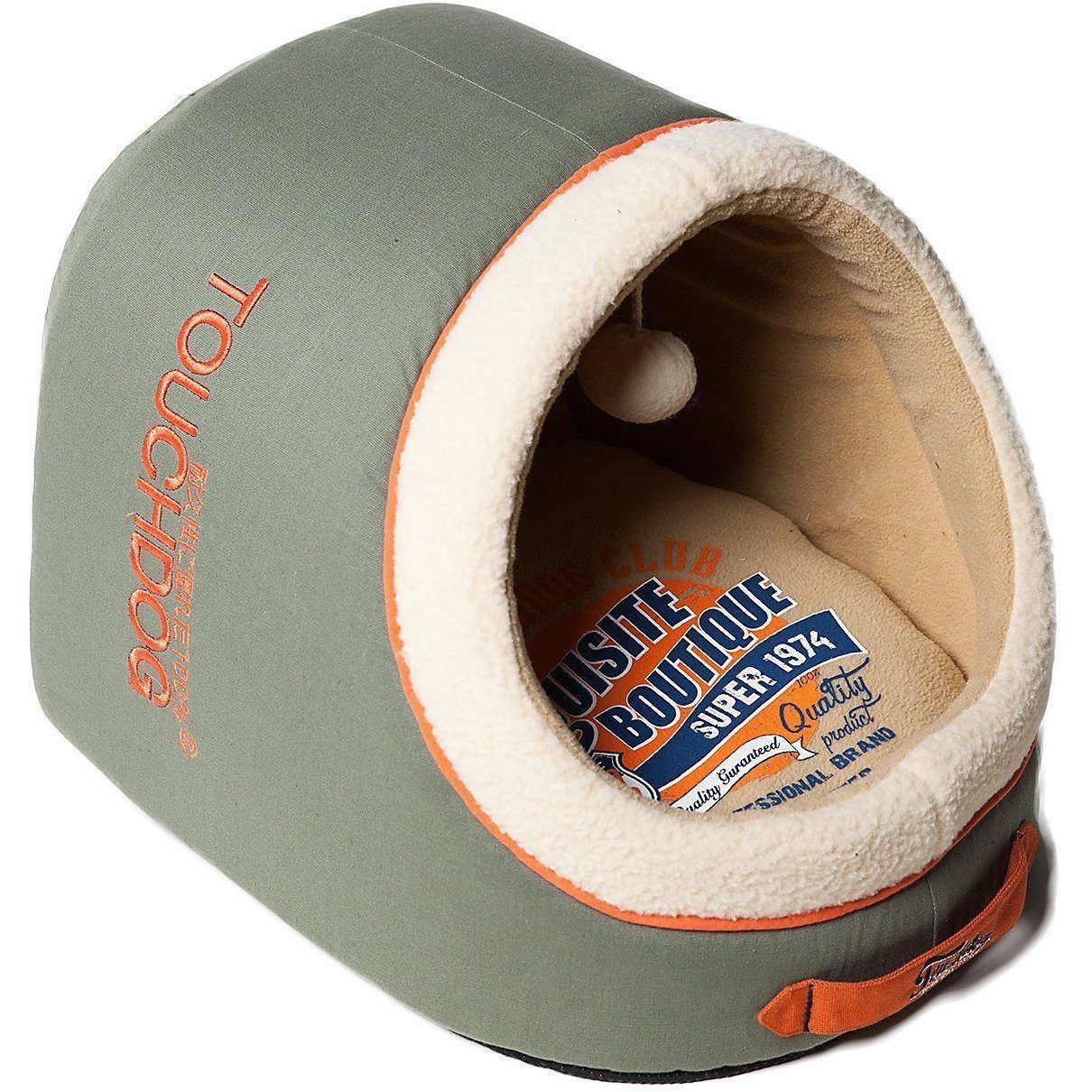 Touchdog ® 'Active-Play' Vintage Emblem Panoramic Cat Bed w/ Teaser Toy Charcoal Grey, Beige, Orange