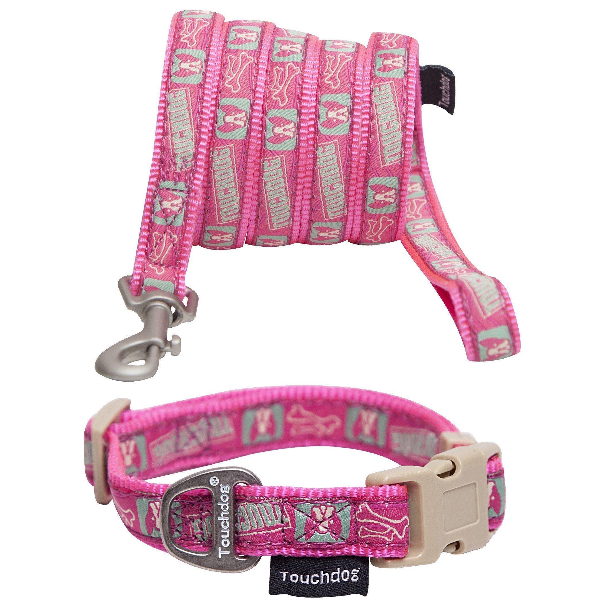 Touchdog ® 'Caliber' Designer Embroidered Fashion Pet Dog Leash and Collar Combination Large Pink Pattern