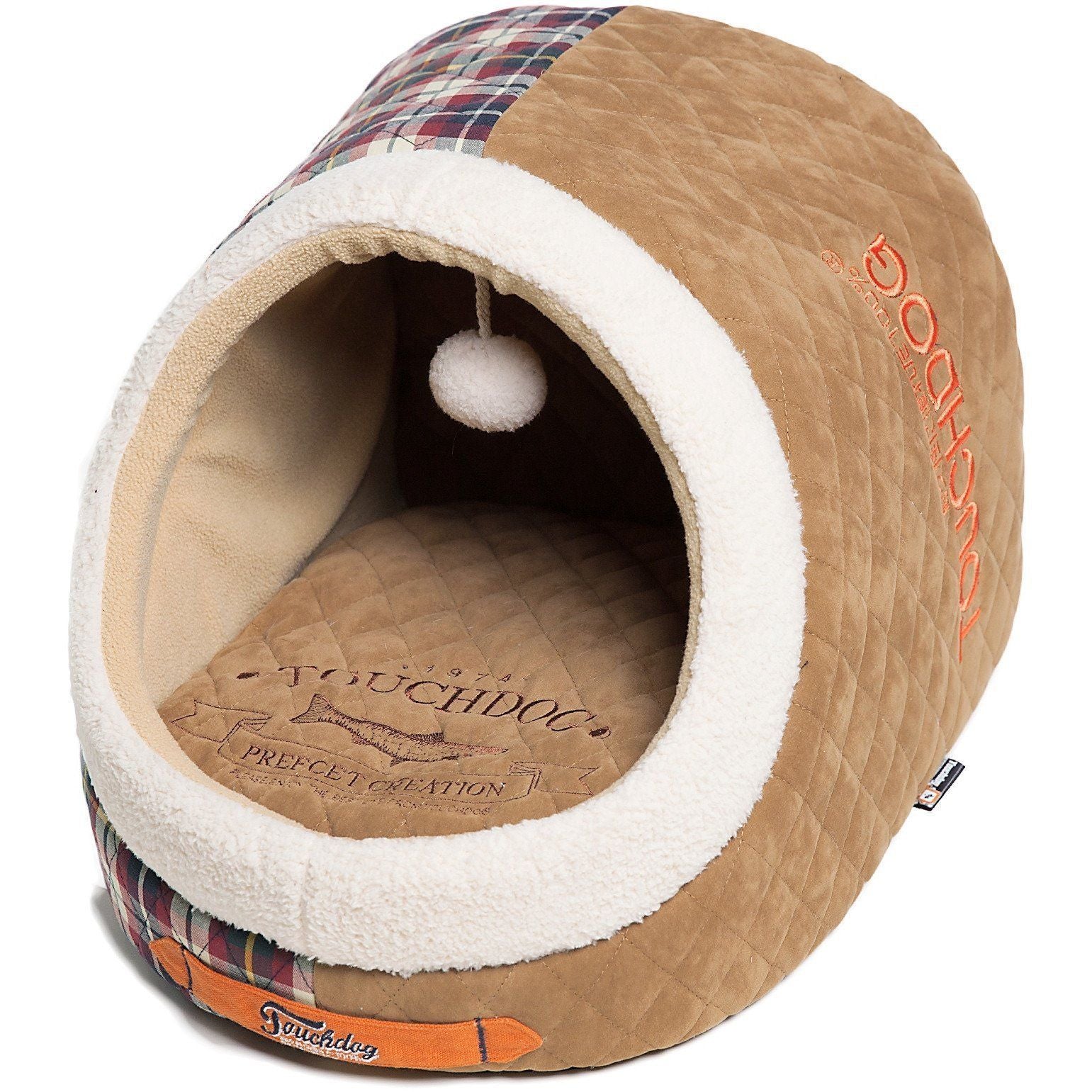 Touchdog ® 'Diamond Stitched' Panoramic Designer Cat Bed w/ Teaser Toy Light Brown, White