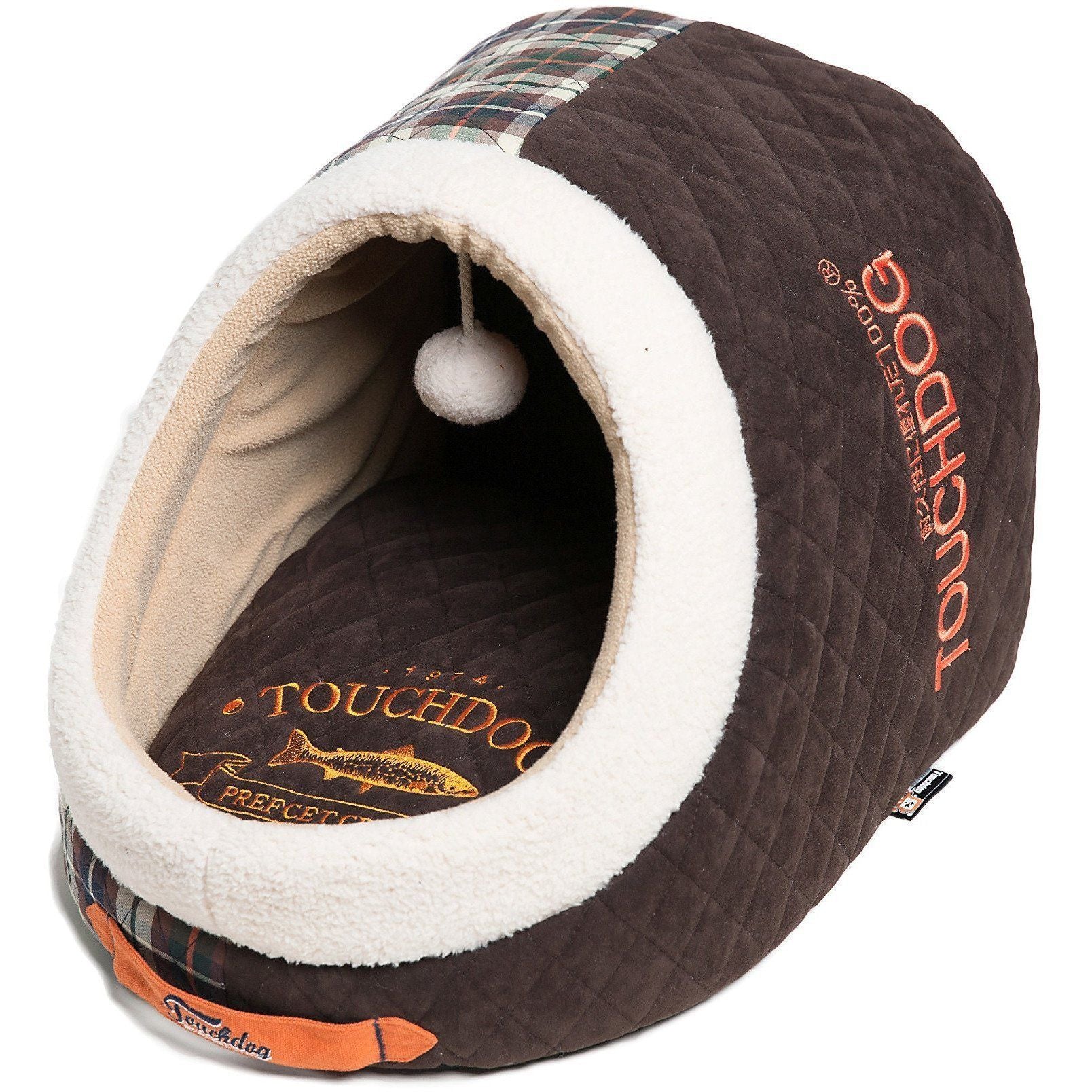 Touchdog ® 'Diamond Stitched' Panoramic Designer Cat Bed w/ Teaser Toy Dark Brown, White