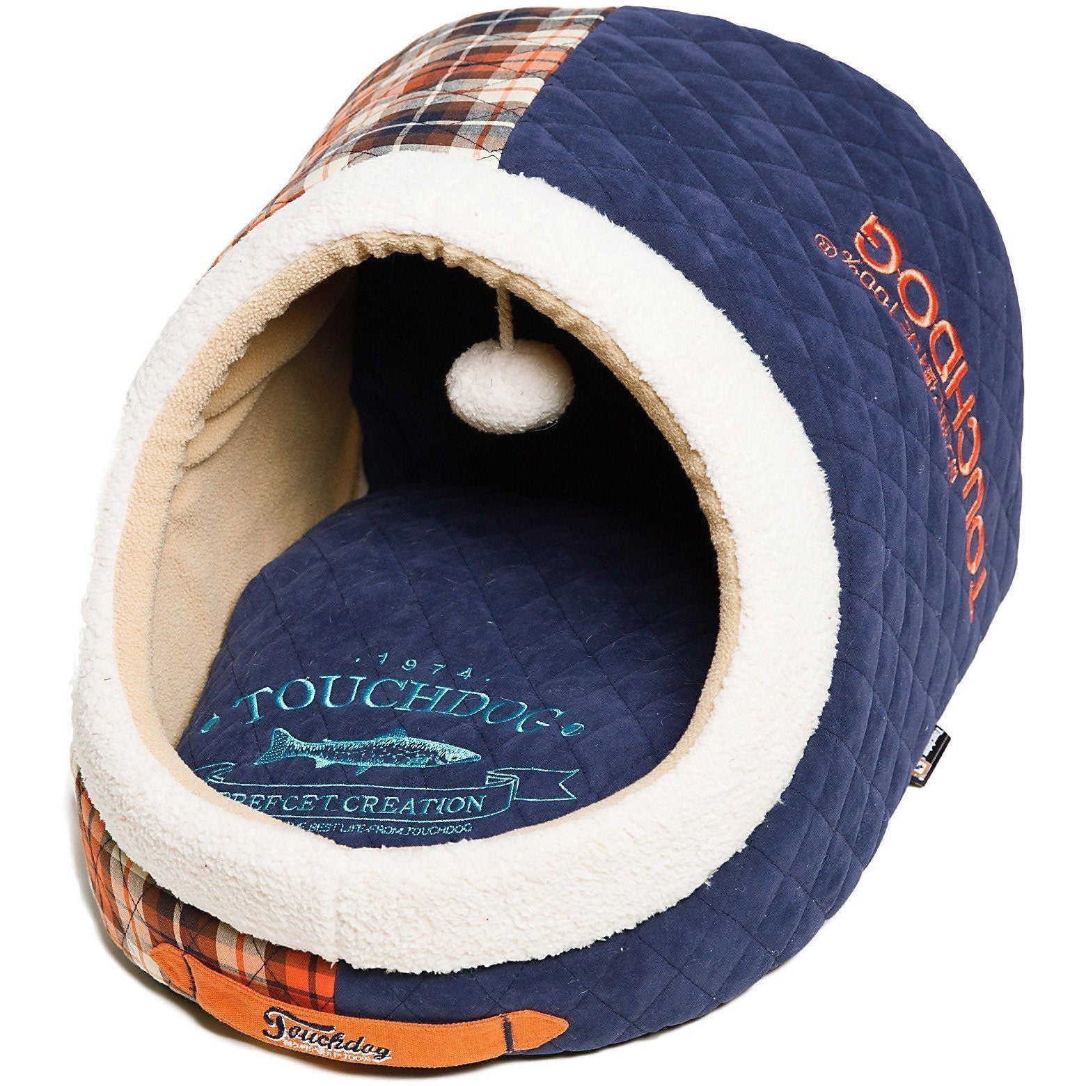 Touchdog ® 'Diamond Stitched' Panoramic Designer Cat Bed w/ Teaser Toy Dark Blue, White