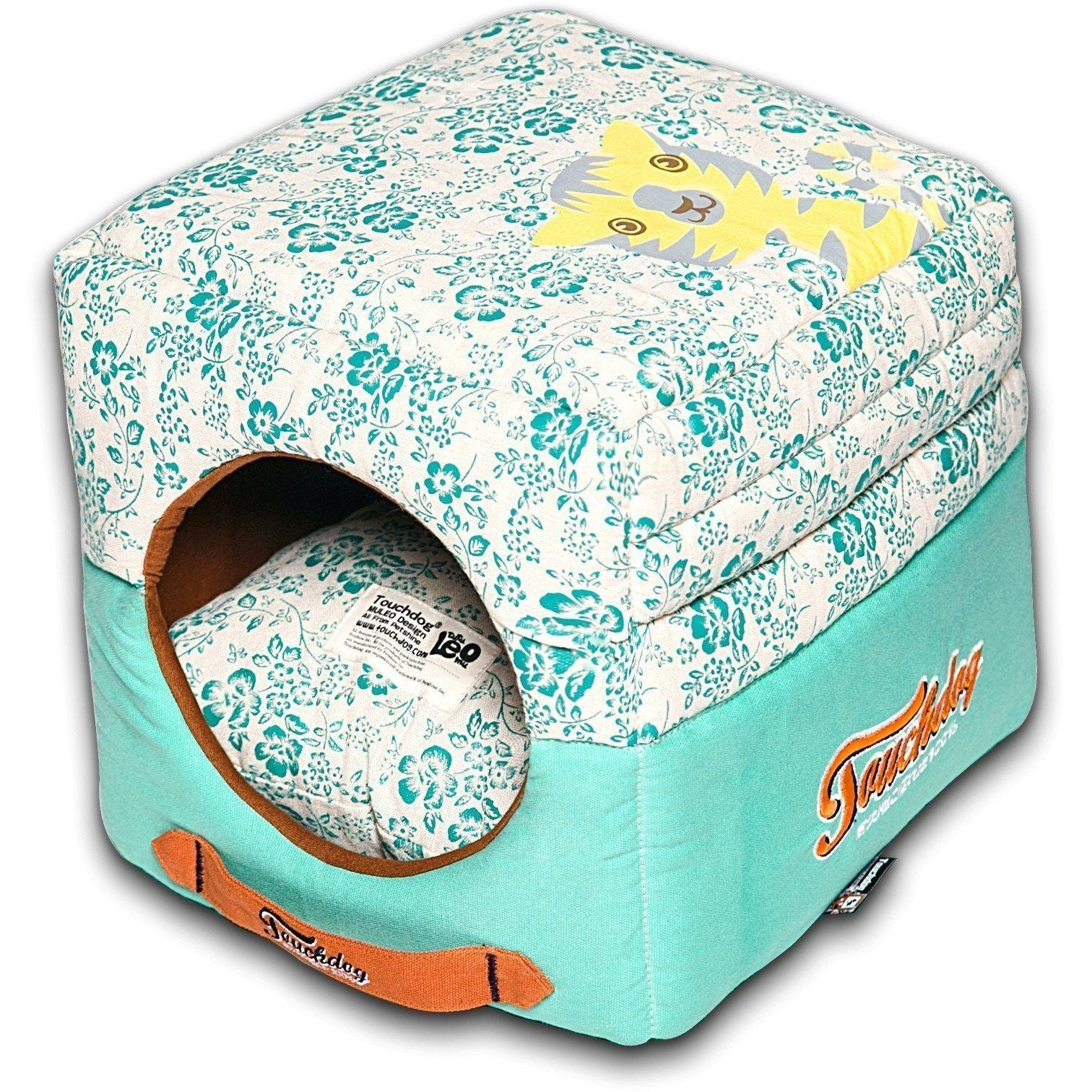 Touchdog ® 'Floral-Galoral' 2-in-1 Collapsible Squared Dog and Cat Bed Teal Blue, White