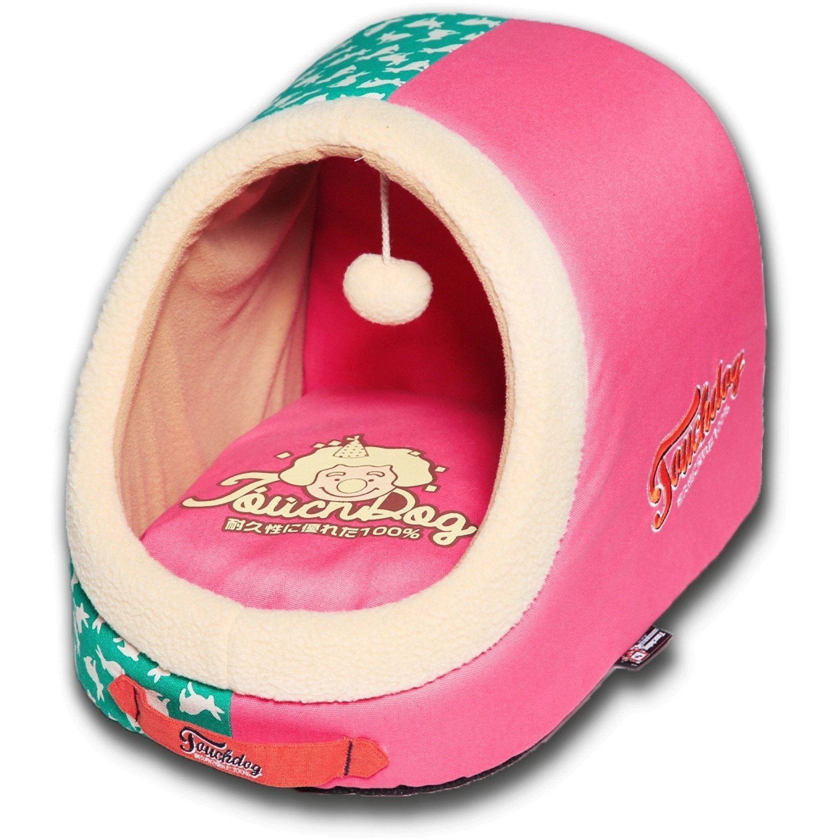 Touchdog ® 'Lazy-Bones' Rabbit-Spotted Panoramic Cat Bed with Teaser Toy Pink, Teal 