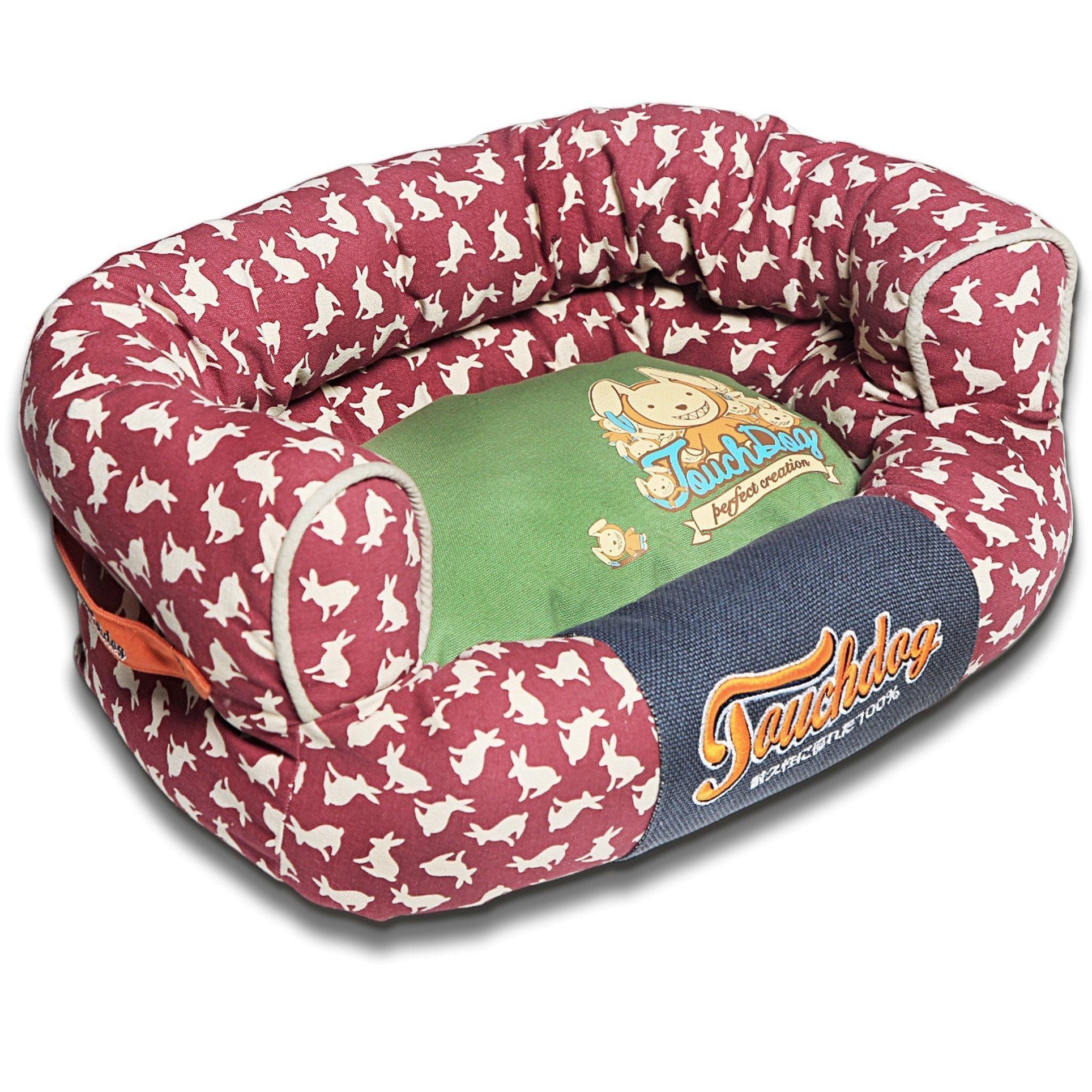 Touchdog ® 'Lazy-Bones' Rabbit-Spotted Designer Couch Dog Bed Medium Champaign Red, Olive Green