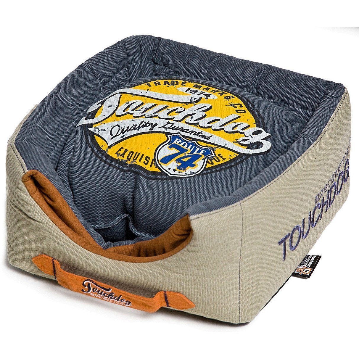 Touchdog ® 'Vintage Squared' 2-in-1 Convertible and Collapsible Dog and Cat Bed Navy Blue, Beige