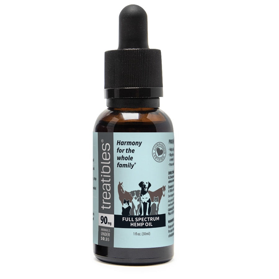 Treatibles Full Spectrum Hemp Oil Dropper Bottle 90mg Dog and Cat Health Supplements - 1 fl oz Dropper