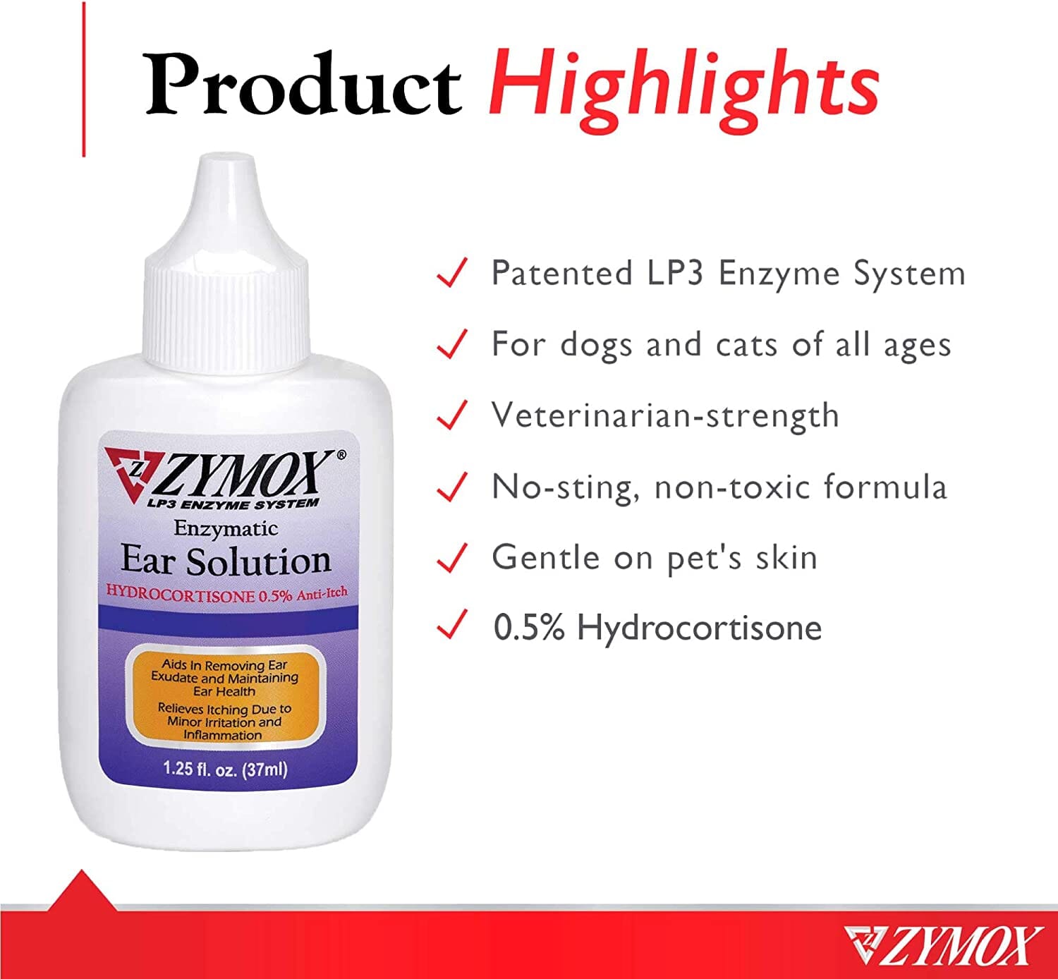 Zymox Pet Ear Solution with Hydrocortisone Dog Ear Care - 1.25 Oz