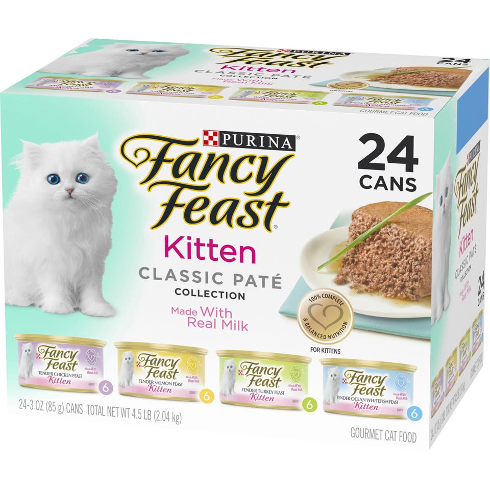 Purina Fancy Feast Tender Chicken Salmon Turkey and Whitefish Pate Kitten Formula Canned Cat Food - Variety Pack - 3 Oz - 24 Count  