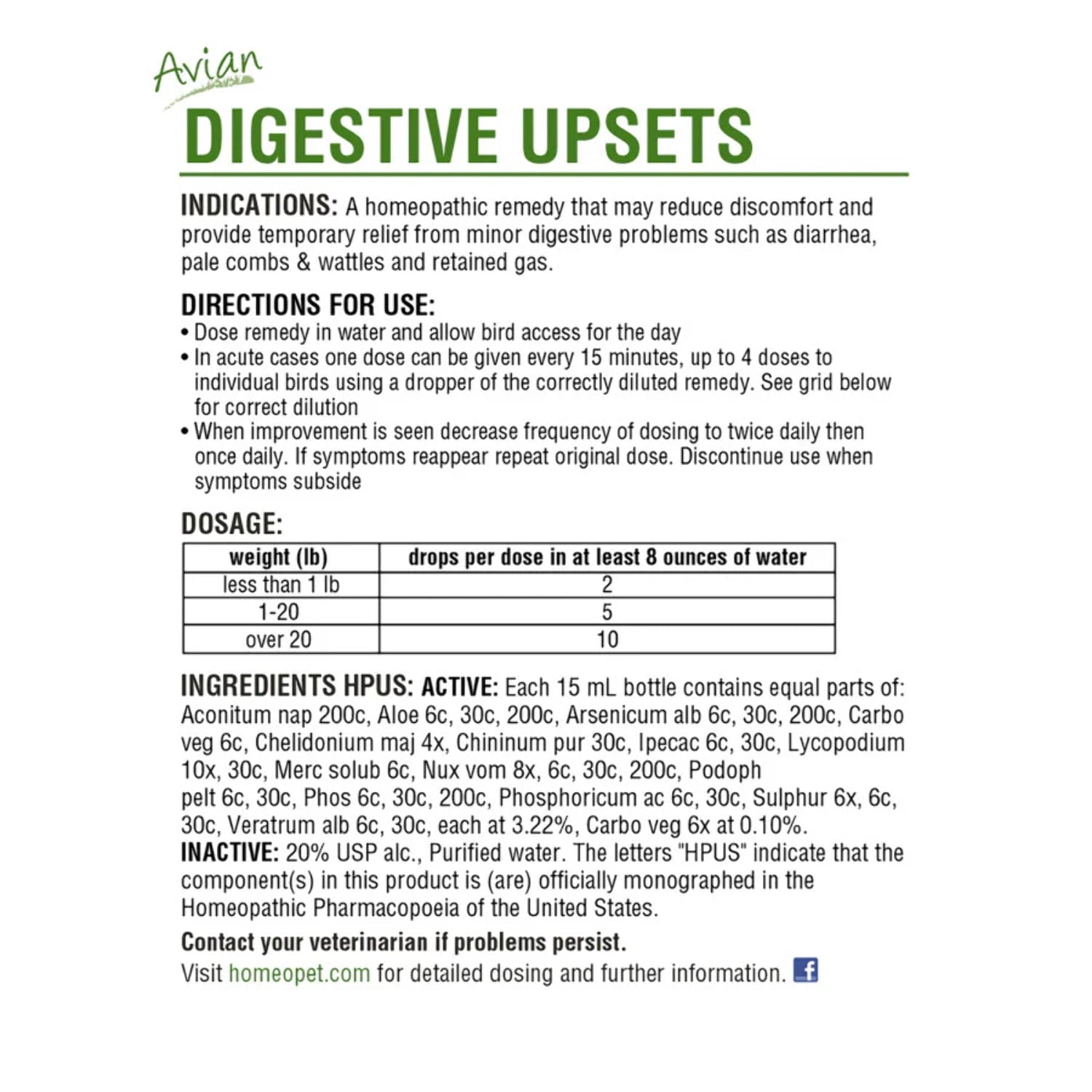 HomeoPet HomeoVet Avian Digestive Upsets Liquid Drop Poultry and Bird Supplements - 15ML