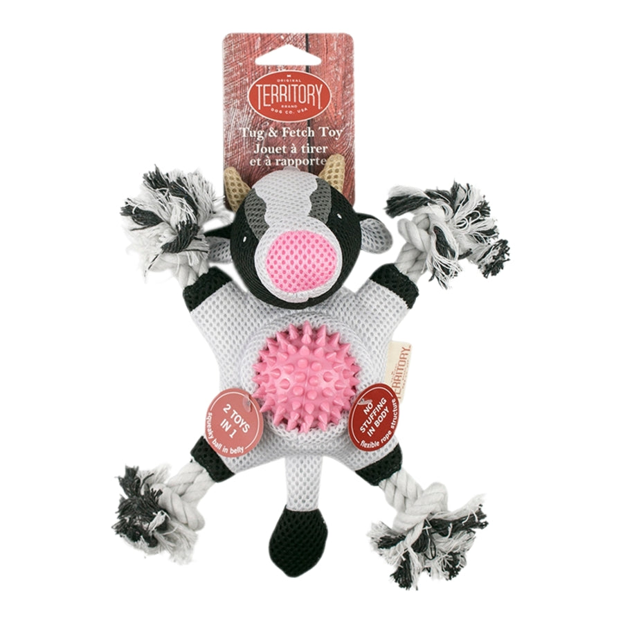 Territory 2-in-1 Farm Cow No Stuffing Rope and Chew Dog Toy with Removable Fetch Ball - Blk/Wht - 10 Inches