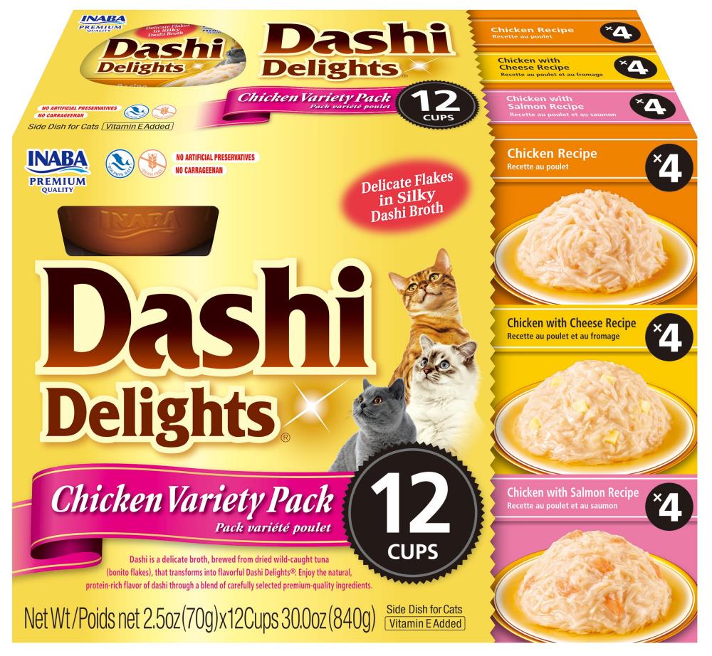 Inaba Dashi Delights Chicken Cheese and Salmon Wet Cat Food Trays - Variety Pack - 2.5 Oz - Case of 12 - 8 Pack  